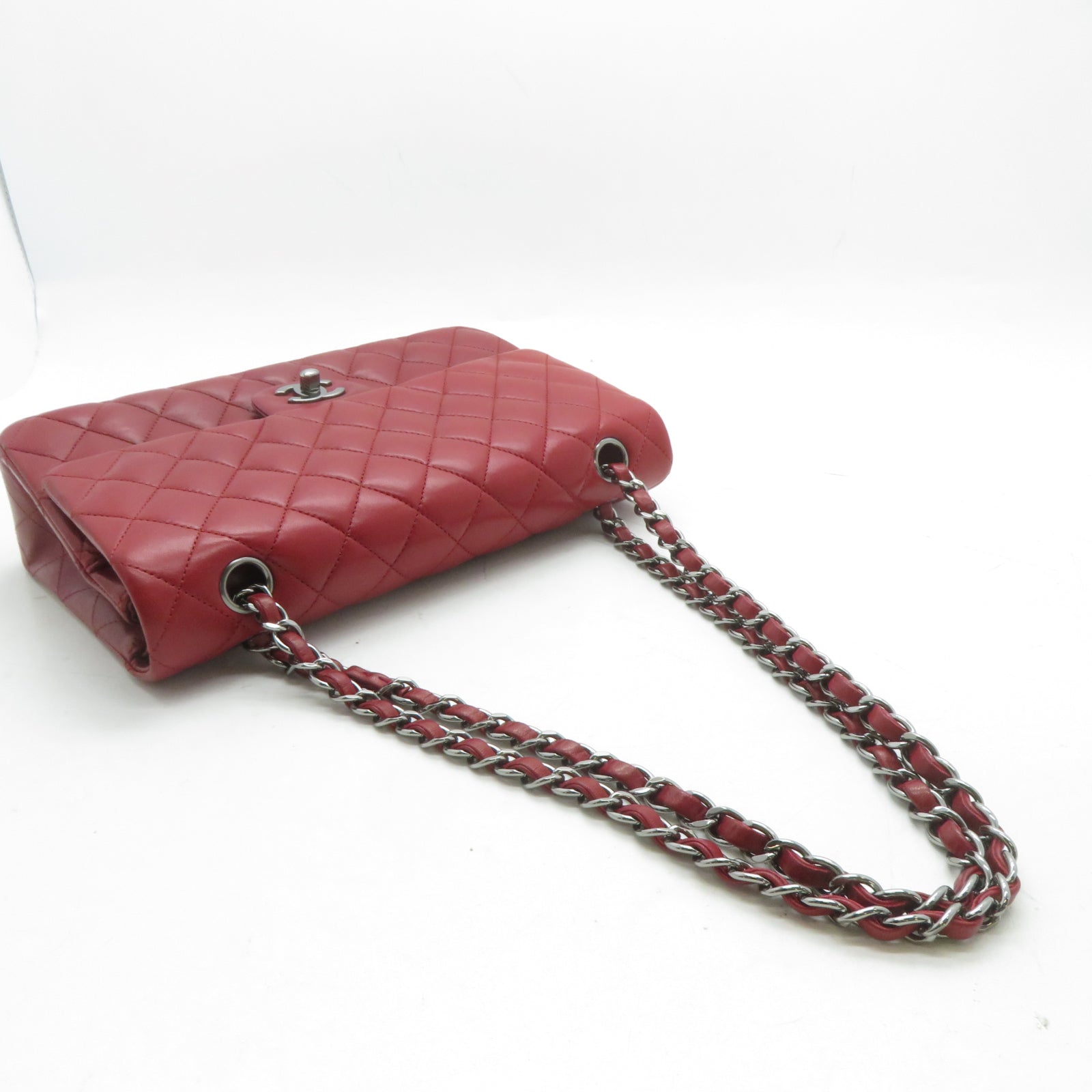 CHANEL **【激減優惠】菱格羊皮皮革Chain Shoulder銀扣鏈帶肩背袋紅色