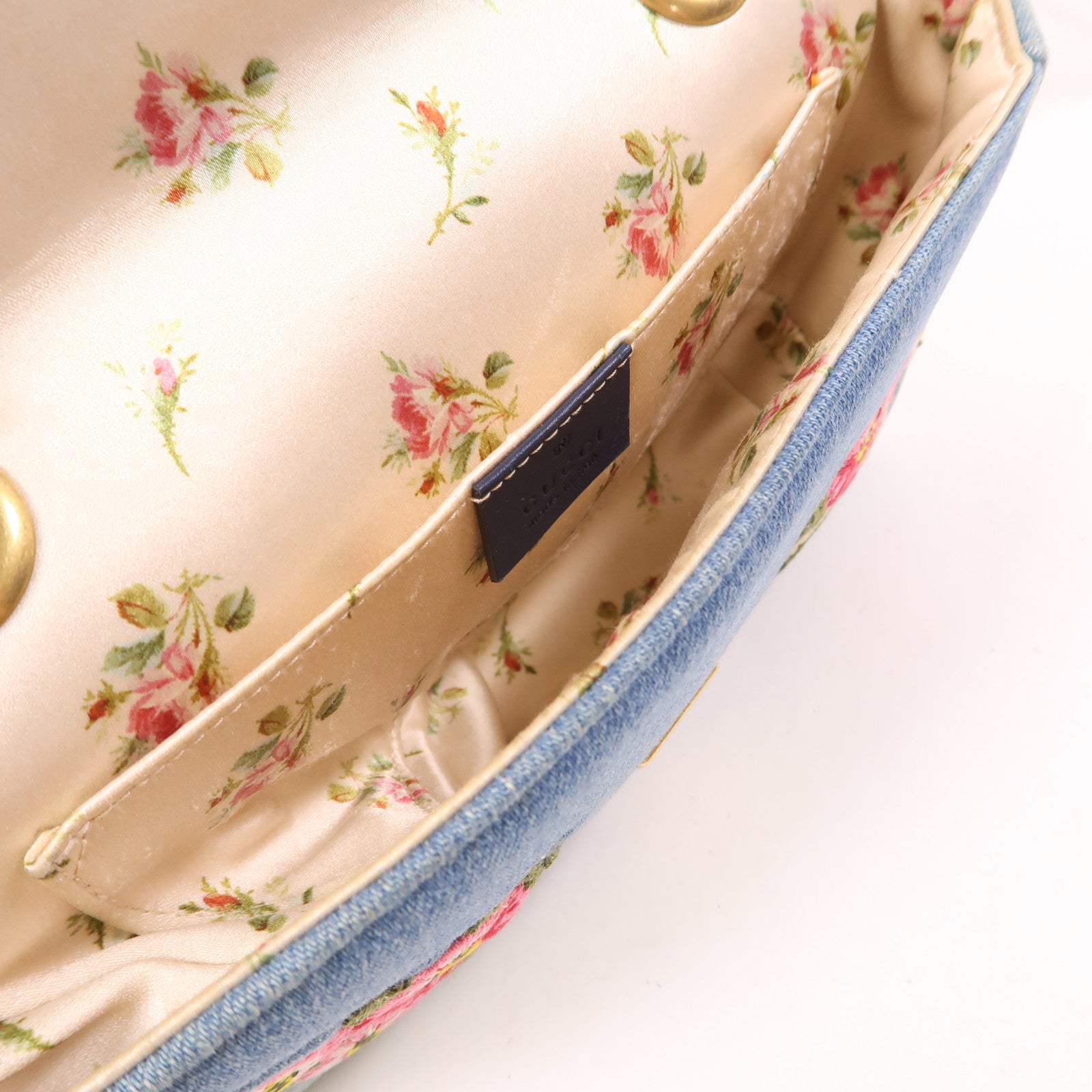 GUCCI 牛仔布Mini GG Marmont金扣鏈帶肩背袋