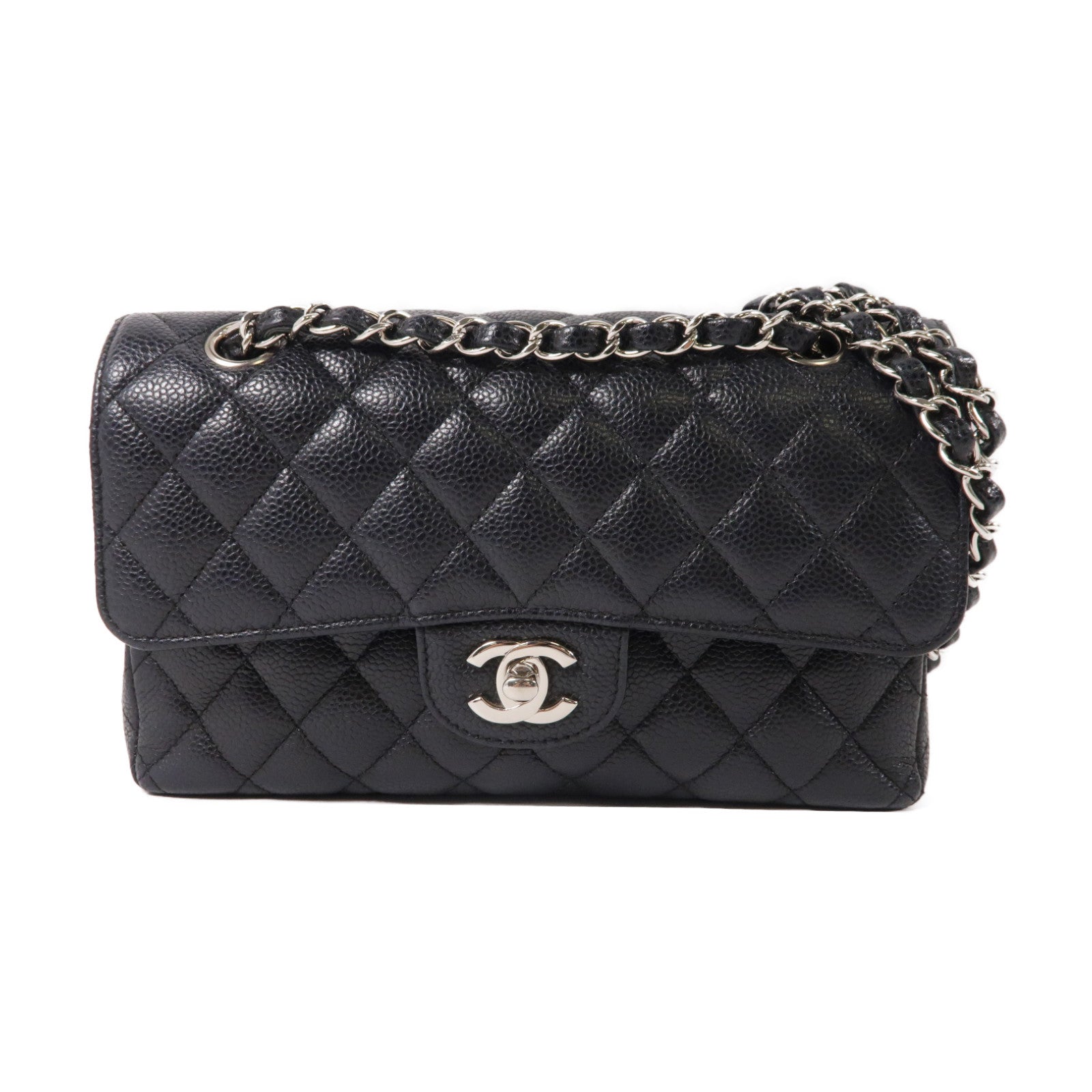 CHANEL 菱格Caviar皮革Classic Flap 23cm銀扣鏈帶肩背袋黑色