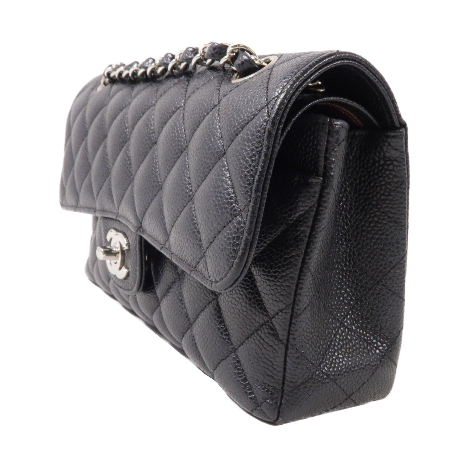 CHANEL 菱格Caviar皮革Classic Flap 23cm銀扣鏈帶肩背袋黑色