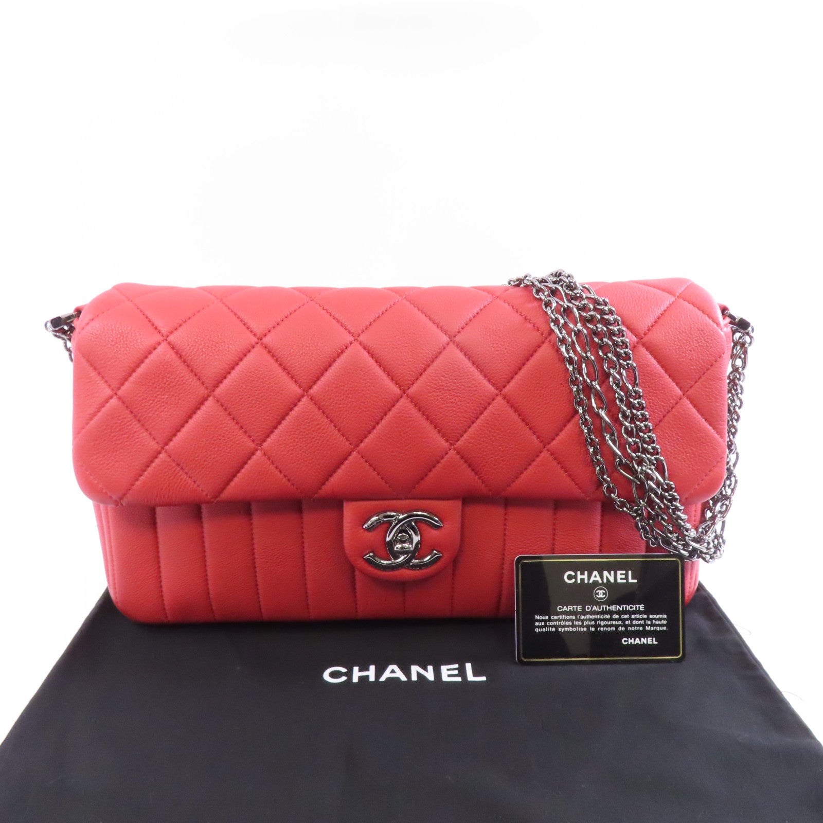 CHANEL 菱格牛皮皮革Chain Shoulder Bag銀扣鏈帶肩背袋紅色