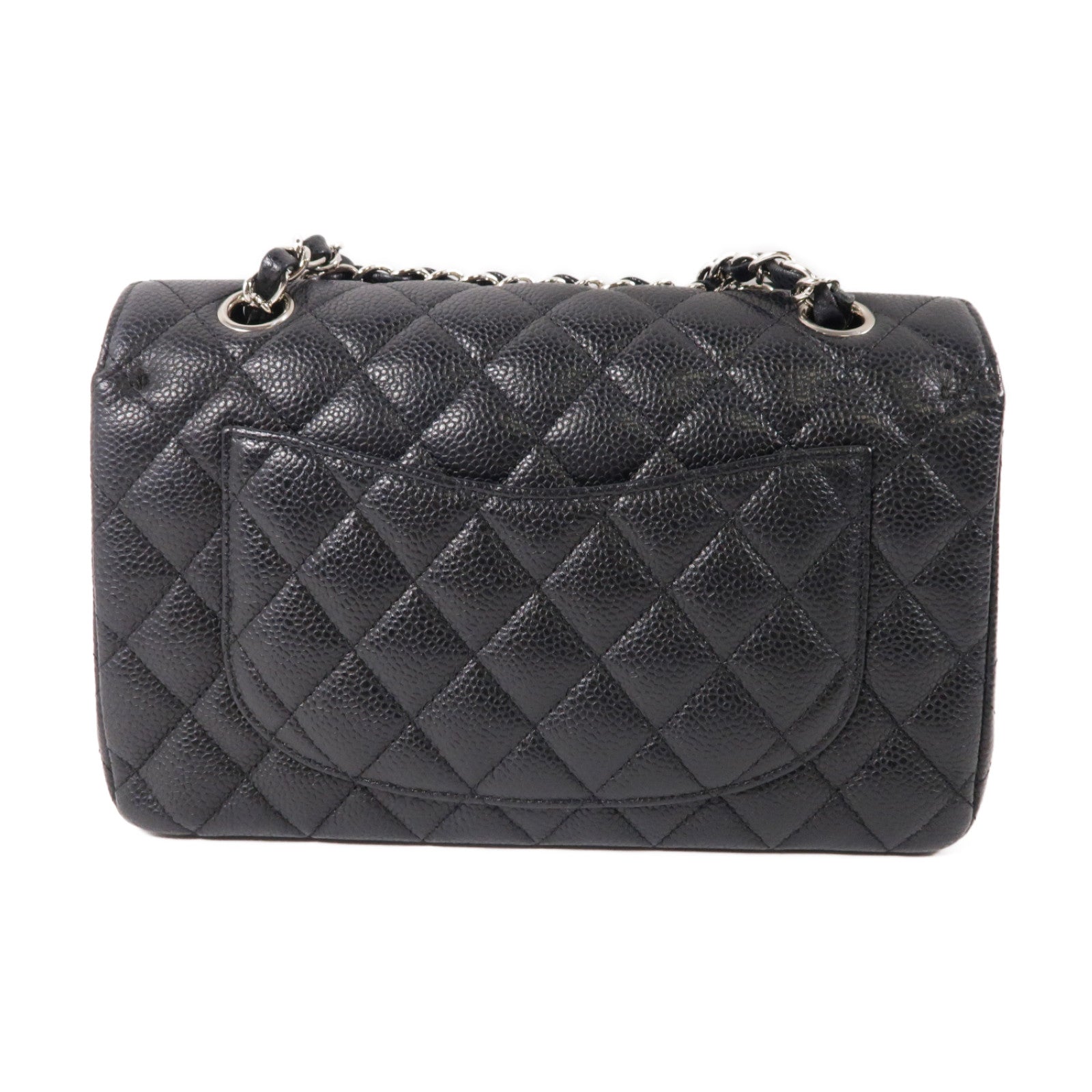 CHANEL 菱格Caviar皮革Classic Flap 23cm銀扣鏈帶肩背袋黑色