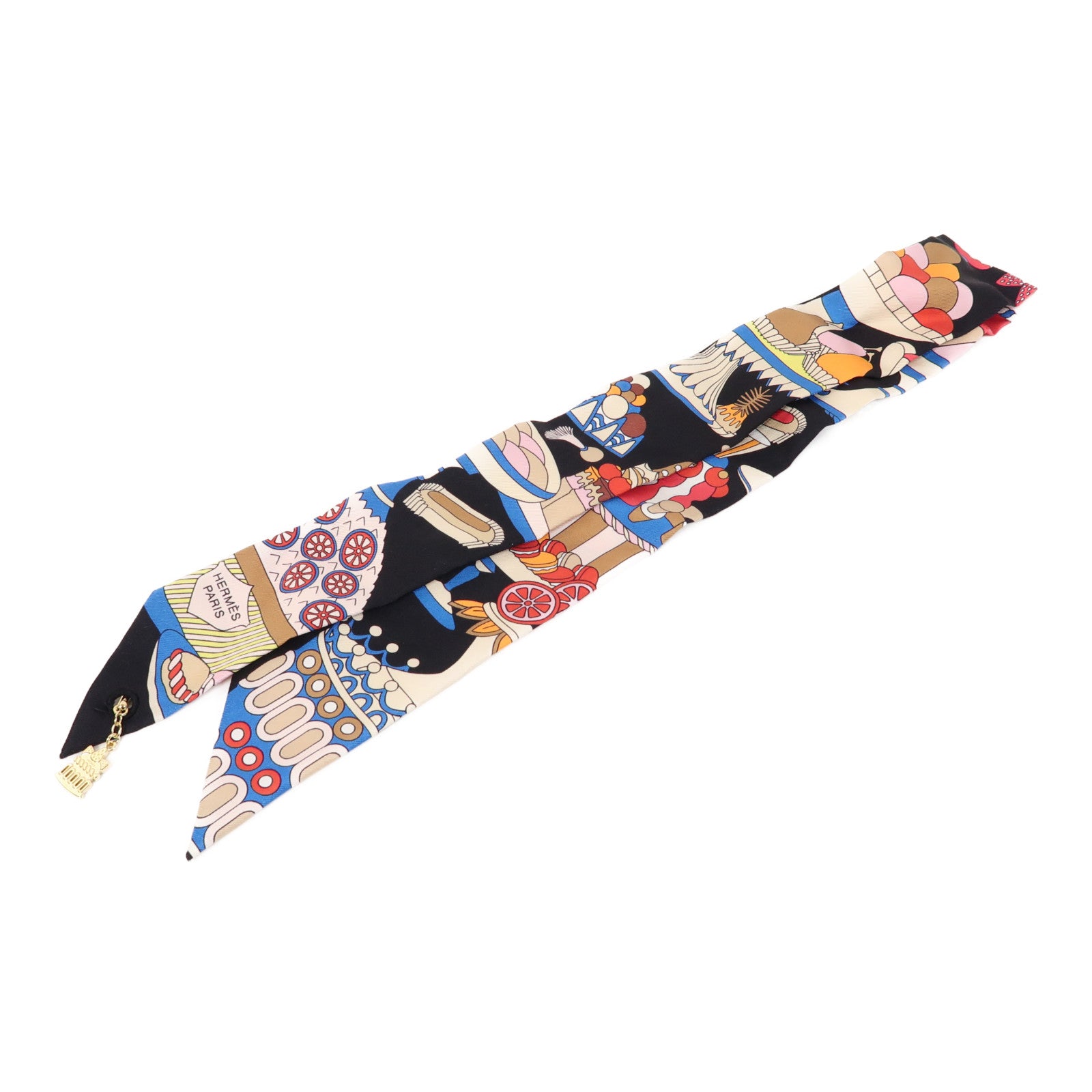 HERMES 絲質Twilly絲巾黑色/米色