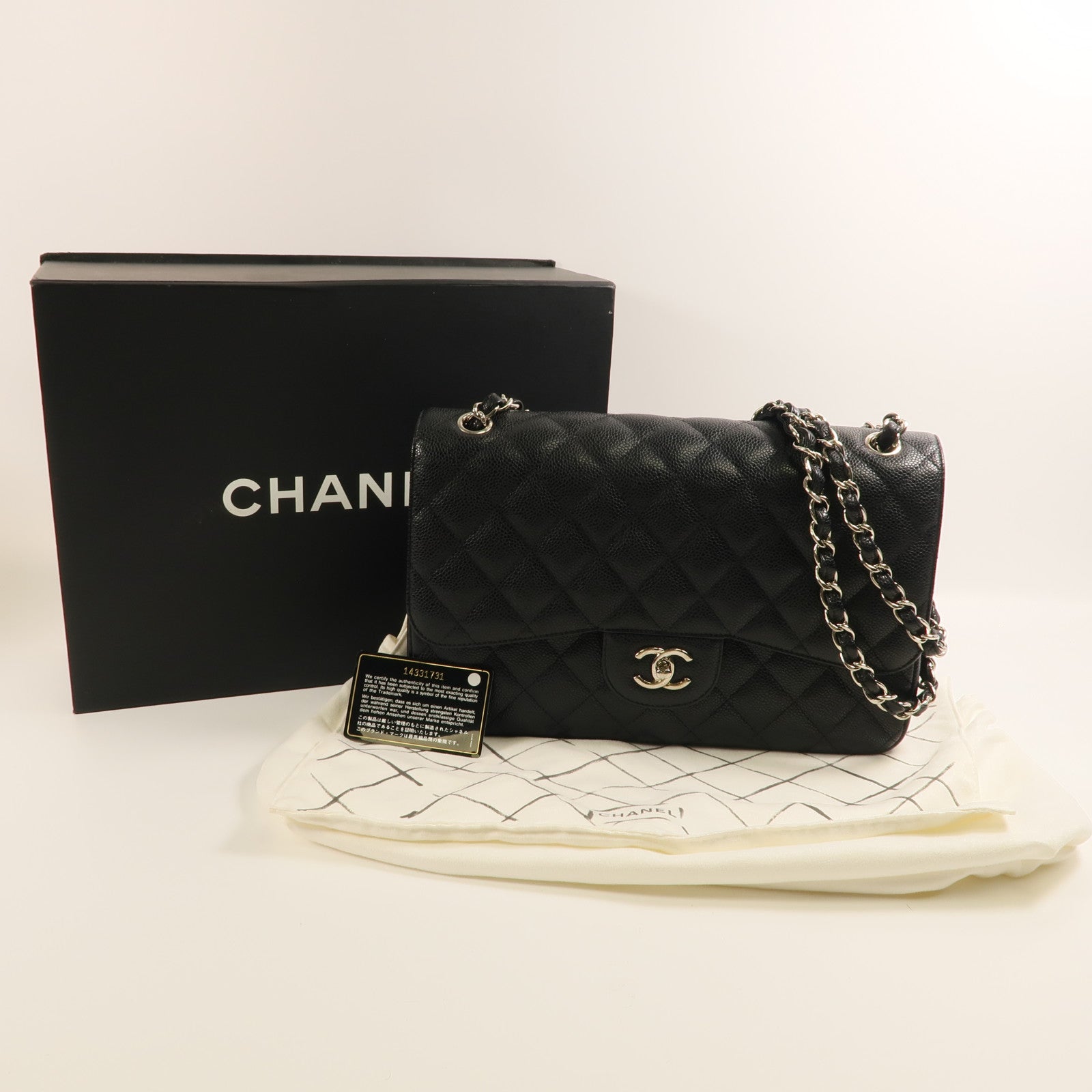 CHANEL 牛皮皮革Large Classic銀扣鏈帶肩背袋