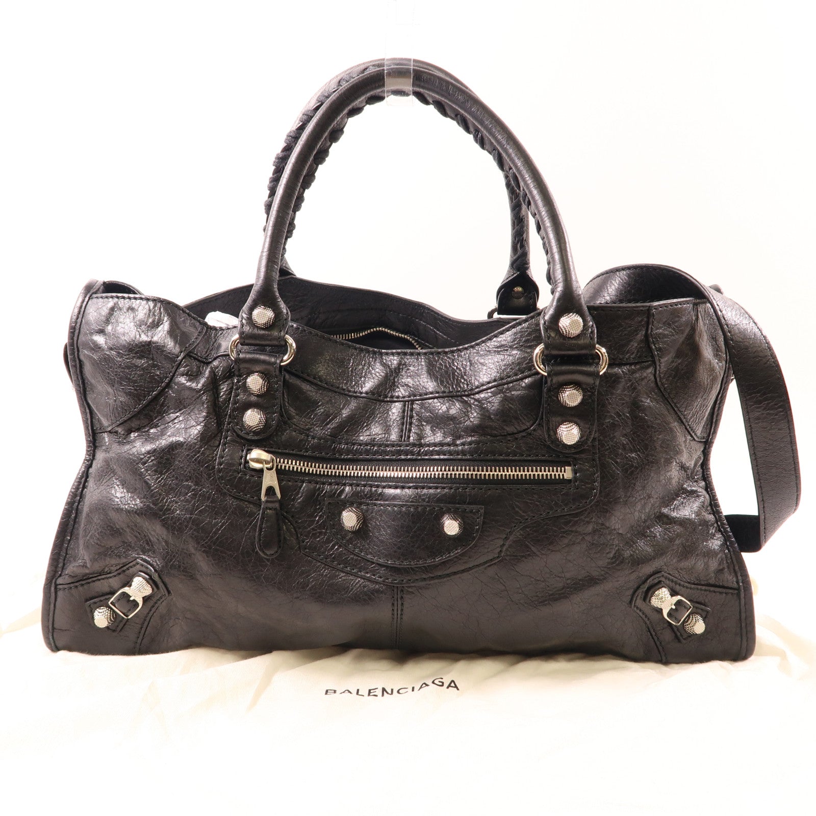 BALENCIAGA 牛皮皮革2 Way Shoulder銀扣手挽肩背兩用袋黑色