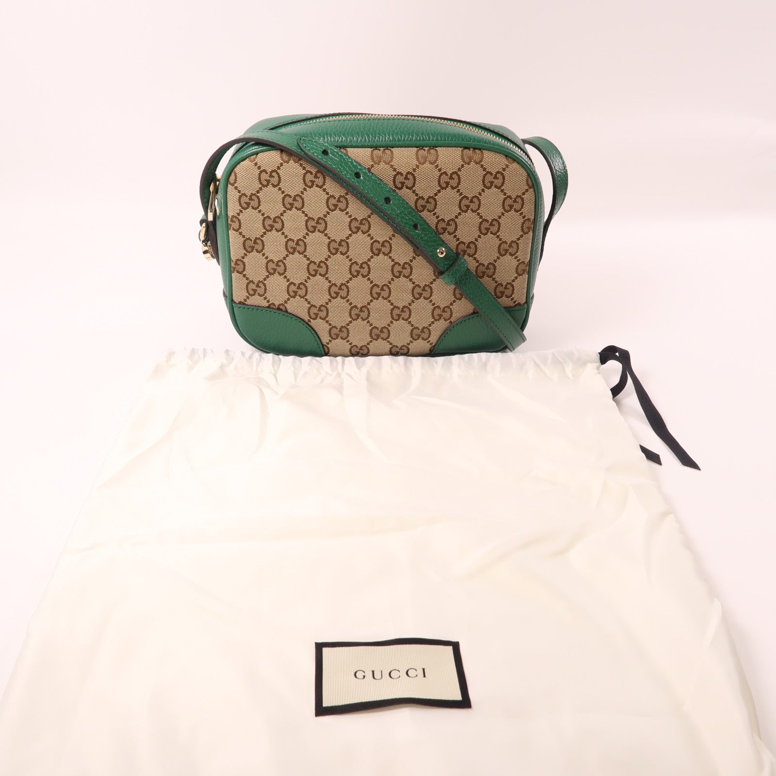 GUCCI 帆布/皮革GG Bree金扣肩背袋啡色/綠色
