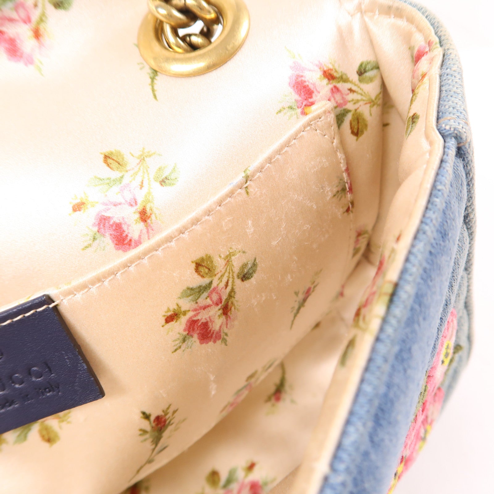 GUCCI 牛仔布Mini GG Marmont金扣鏈帶肩背袋