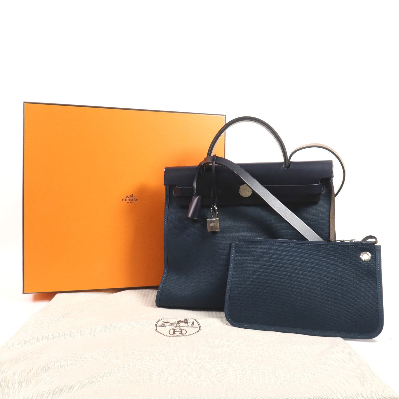 HERMES 帆布Herbag PM銀扣手挽肩背兩用袋Bleu Ocean