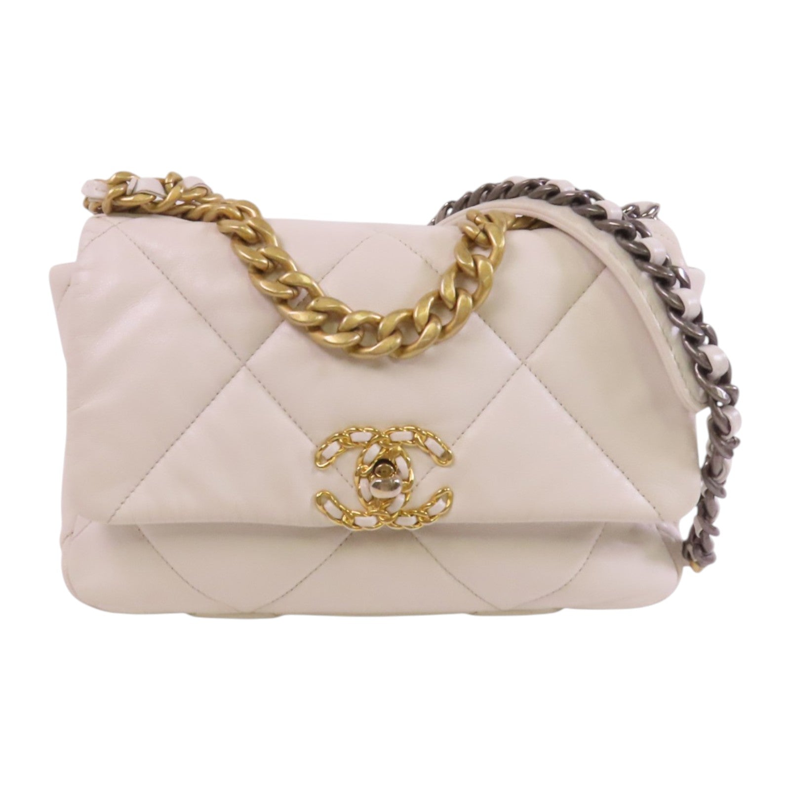 CHANEL 羊皮皮革Chanel 19金扣鏈帶手挽肩背兩用袋