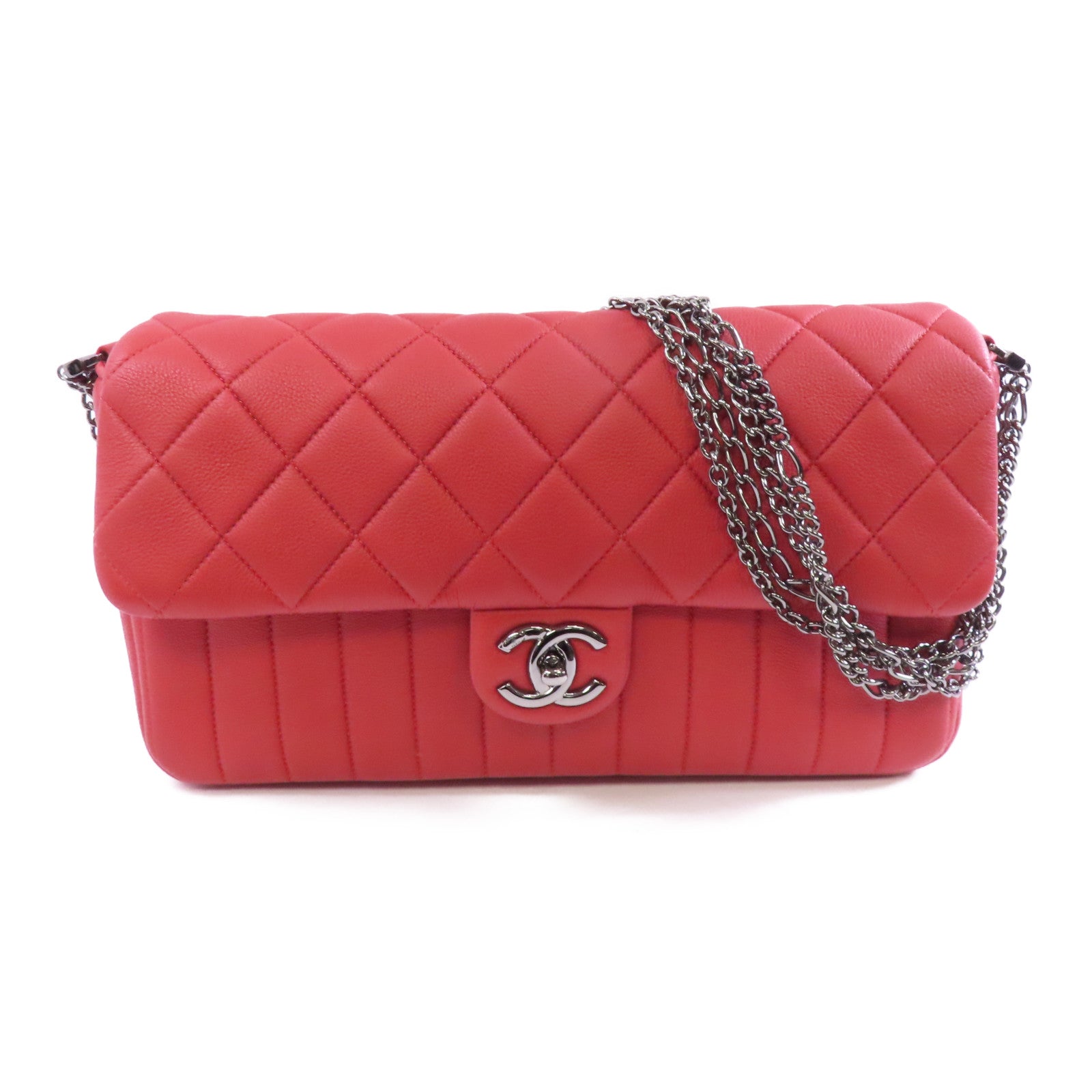 CHANEL 菱格牛皮皮革Chain Shoulder Bag銀扣鏈帶肩背袋紅色
