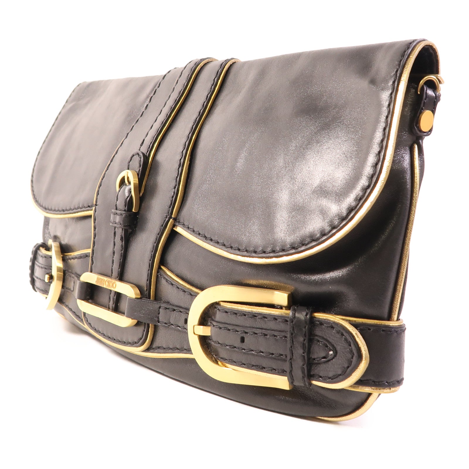 JIMMY CHOO GHW Clutch Chain Shoulder Bag Calfskin Leather Black