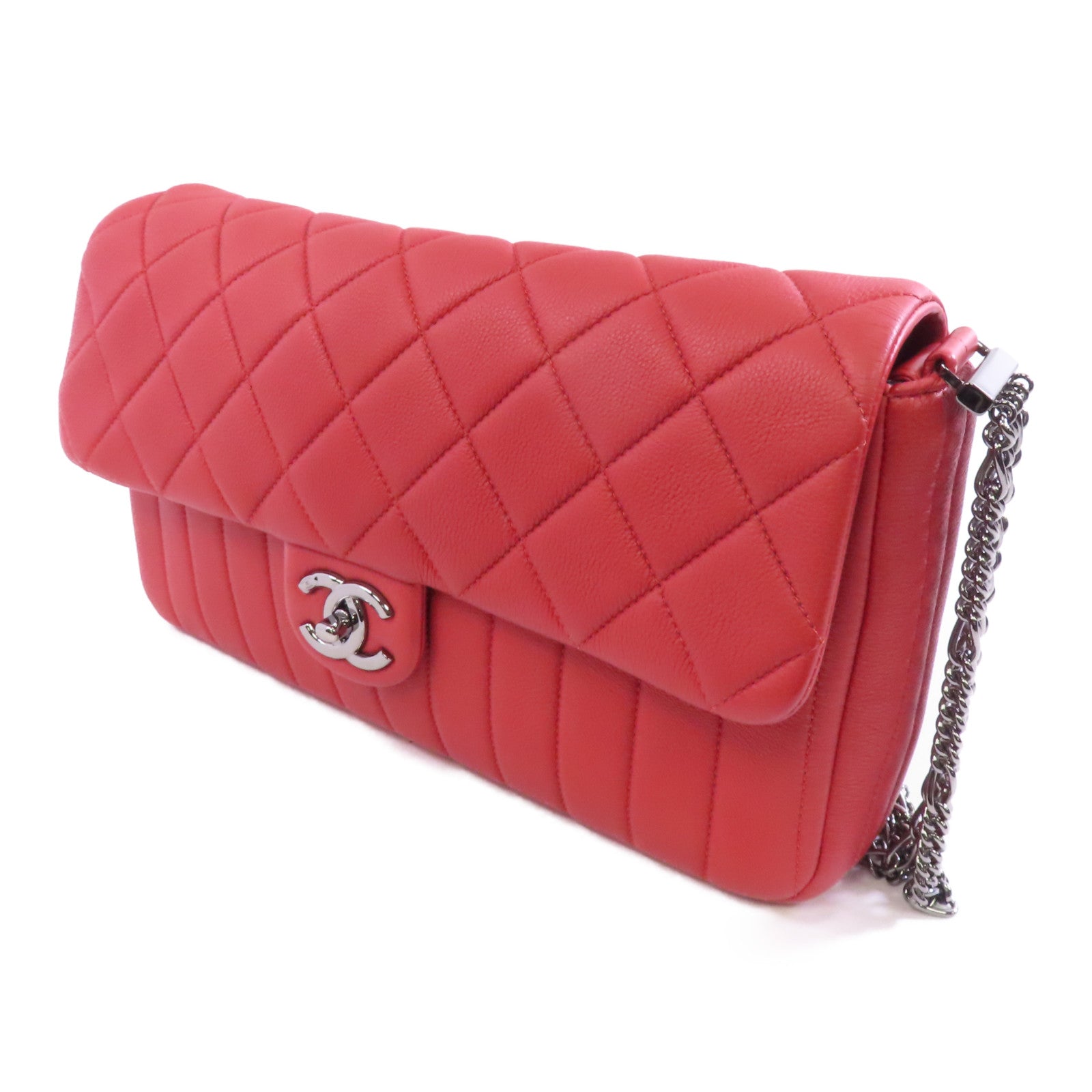CHANEL 菱格牛皮皮革Chain Shoulder Bag銀扣鏈帶肩背袋紅色