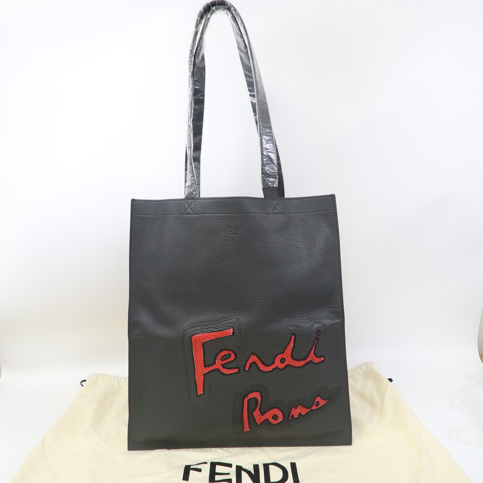FENDI 牛皮皮革Tote Bag銀扣肩背袋灰色