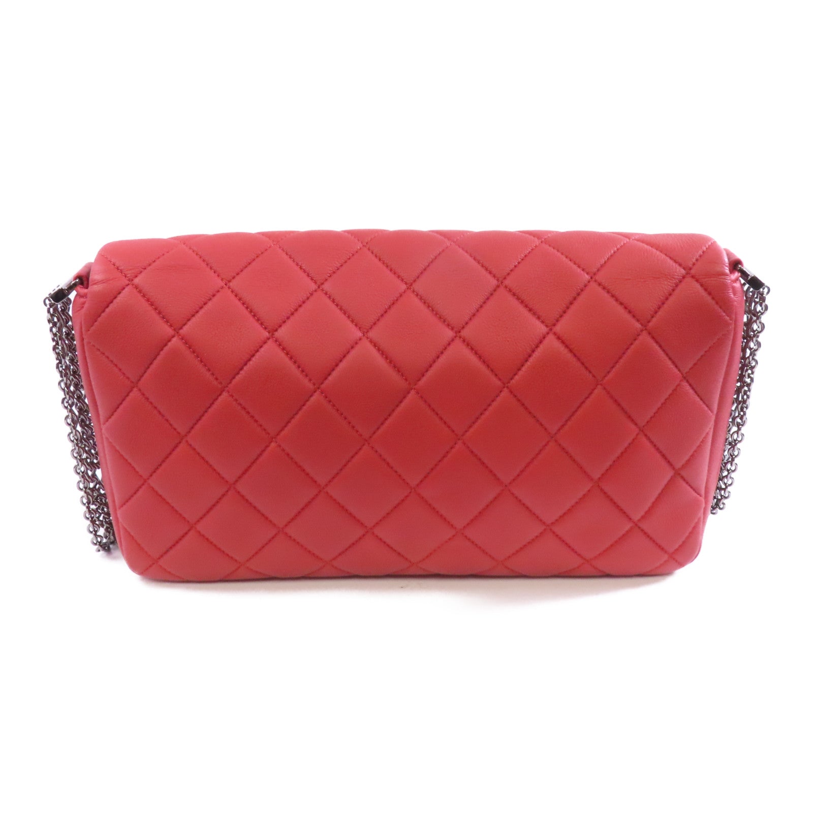 CHANEL 菱格牛皮皮革Chain Shoulder Bag銀扣鏈帶肩背袋紅色