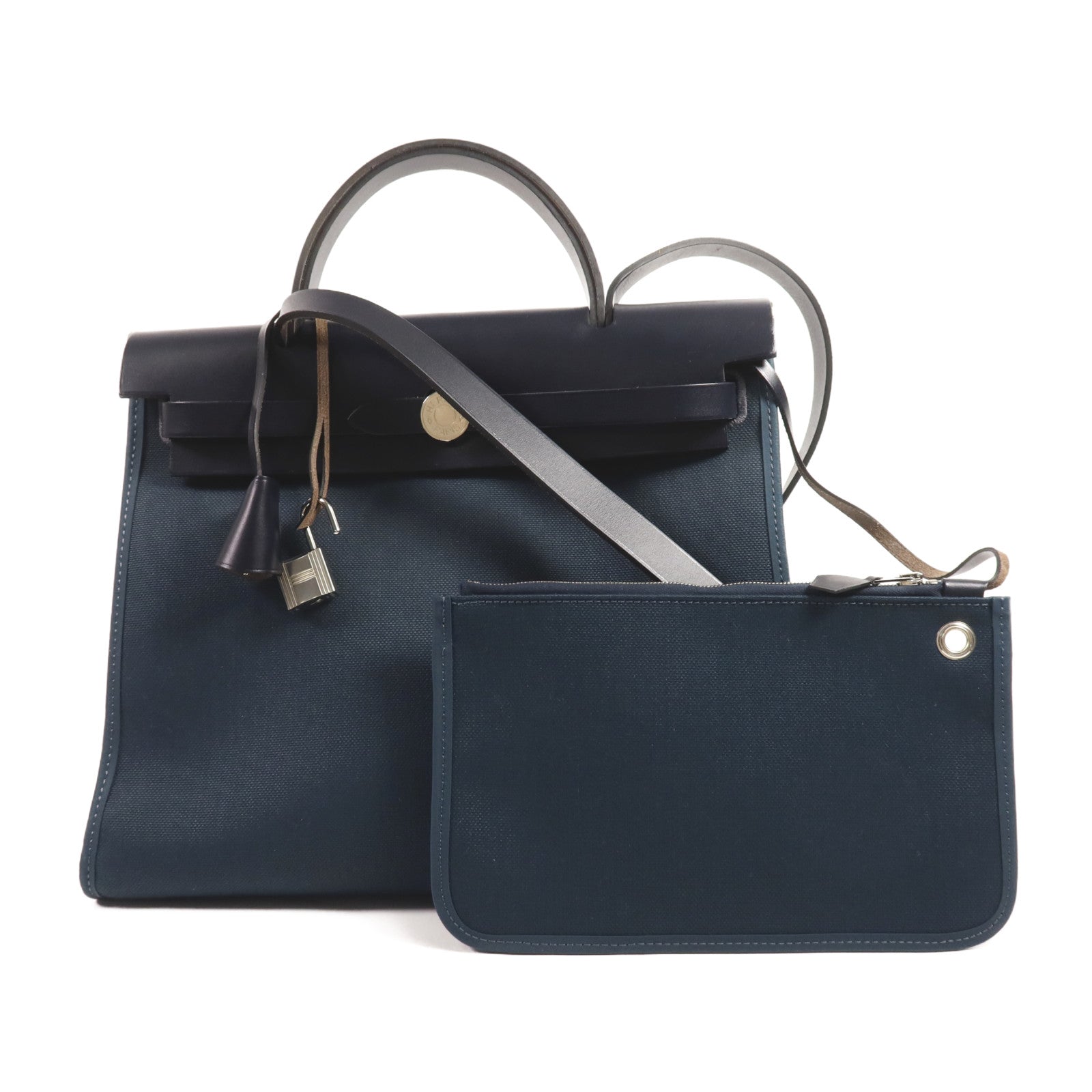 HERMES 帆布Herbag PM銀扣手挽肩背兩用袋Bleu Ocean