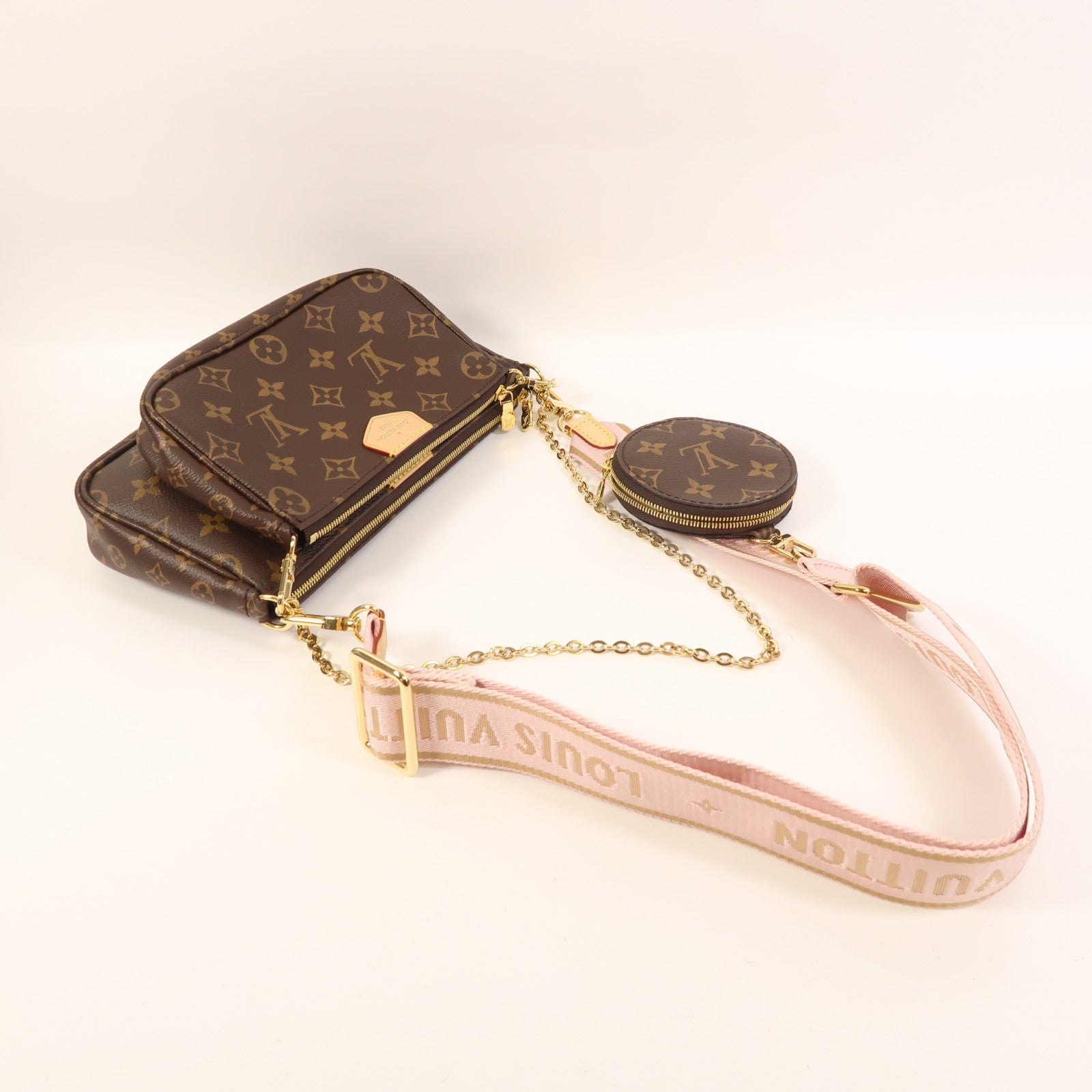 LOUIS VUITTON Monogram Multi Pochette Accessoires金扣手挽肩背兩用袋棕色