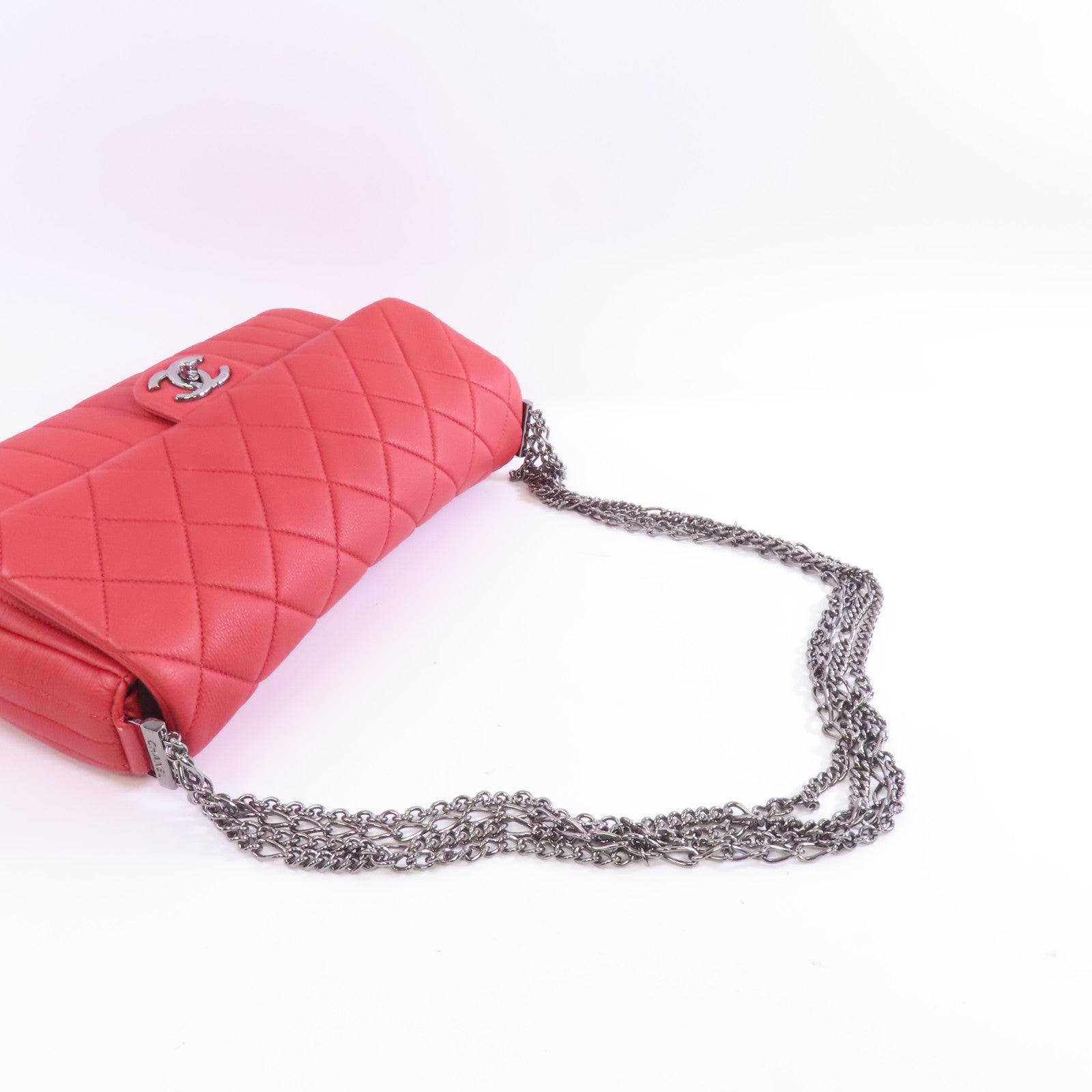 CHANEL 菱格牛皮皮革Chain Shoulder Bag銀扣鏈帶肩背袋紅色