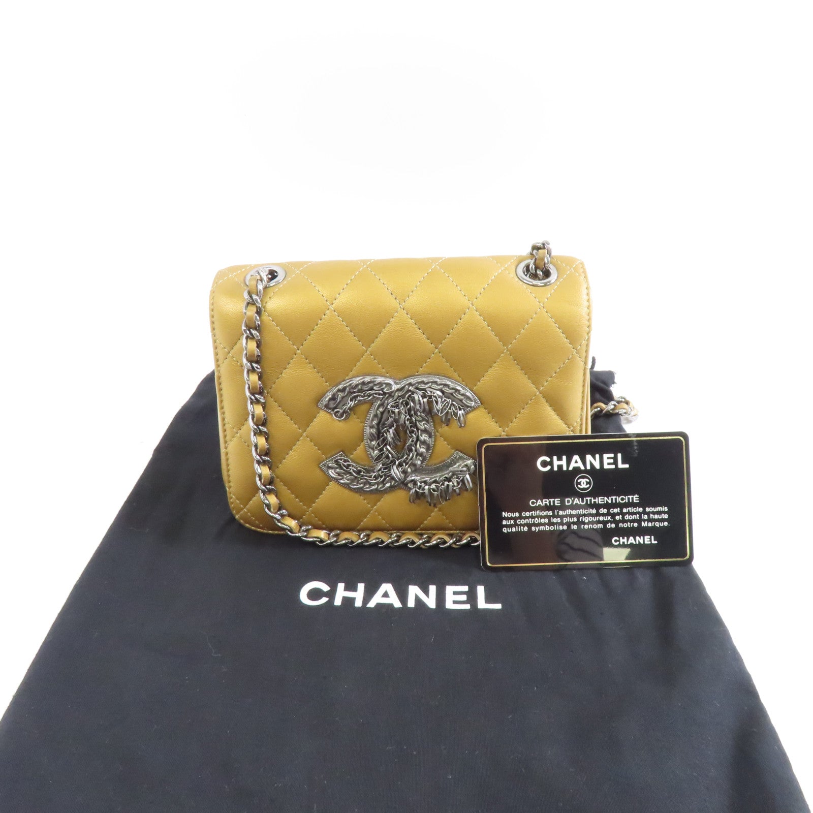 CHANEL 菱格羊皮皮革Chain Shoulder銀扣肩背袋金色