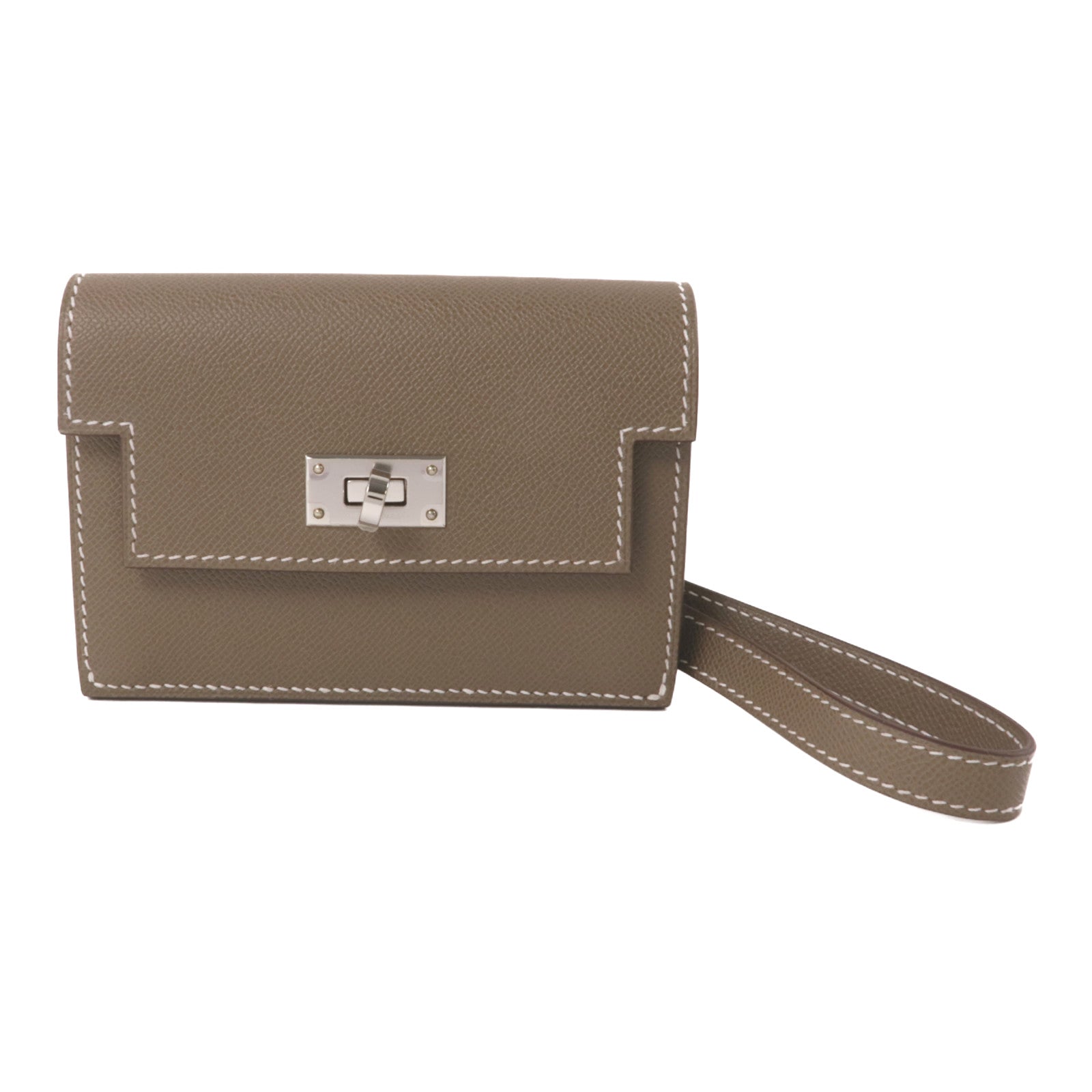 HERMES Madame皮革Kelly Pocket Slim銀扣零錢包Etoupe