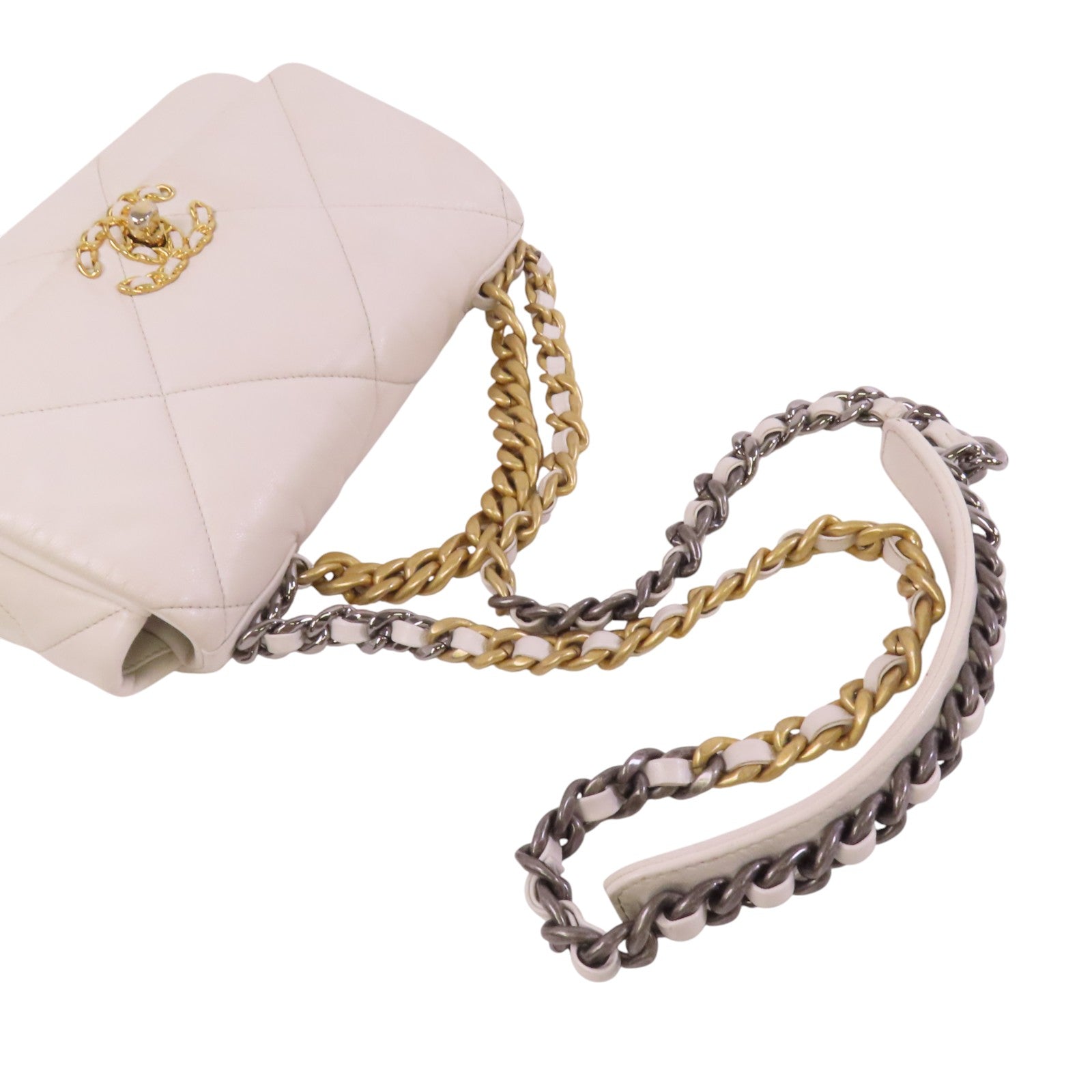 CHANEL 羊皮皮革Chanel 19金扣鏈帶手挽肩背兩用袋