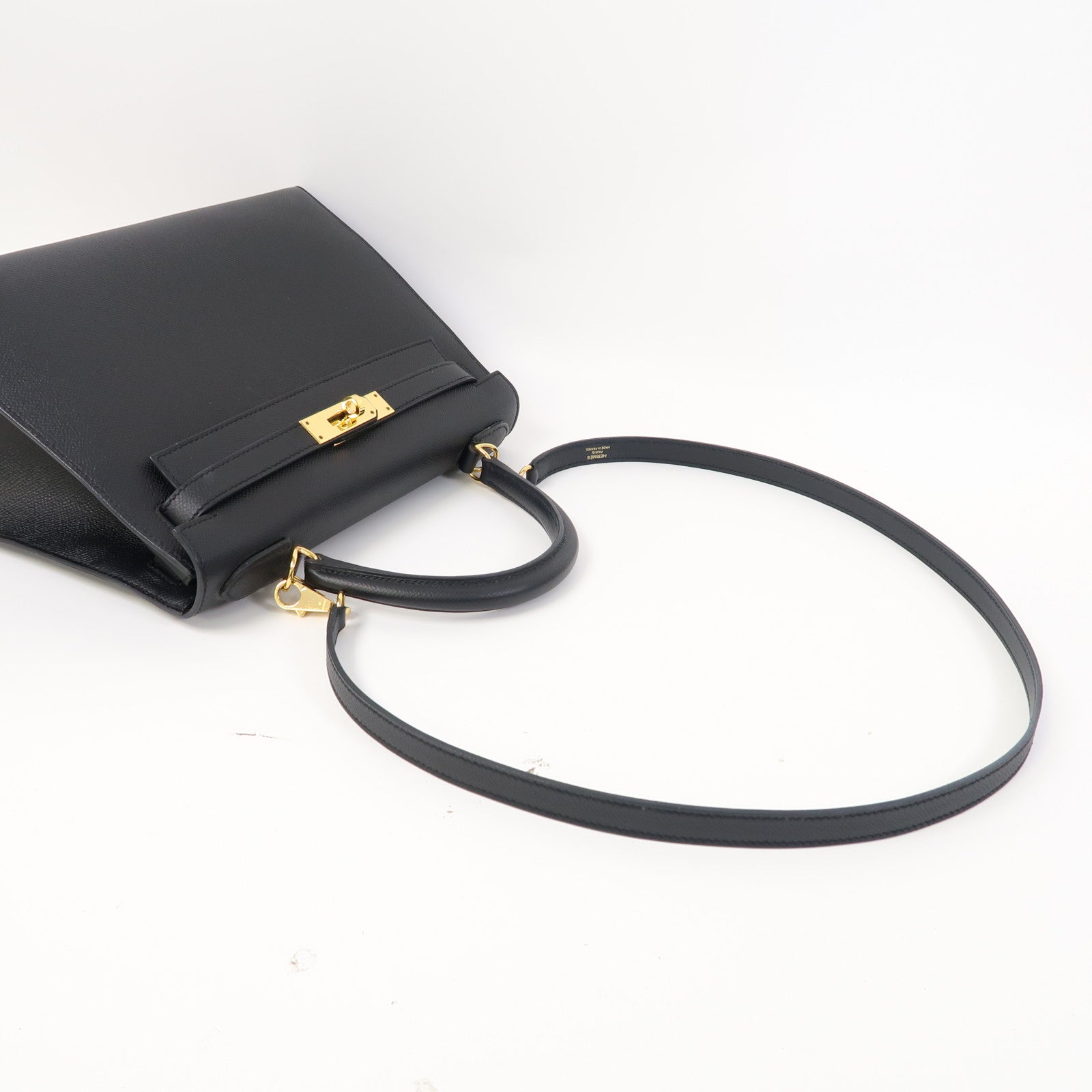HERMES Epsom皮革Kelly 28金扣手挽肩背兩用袋Noir/黑色