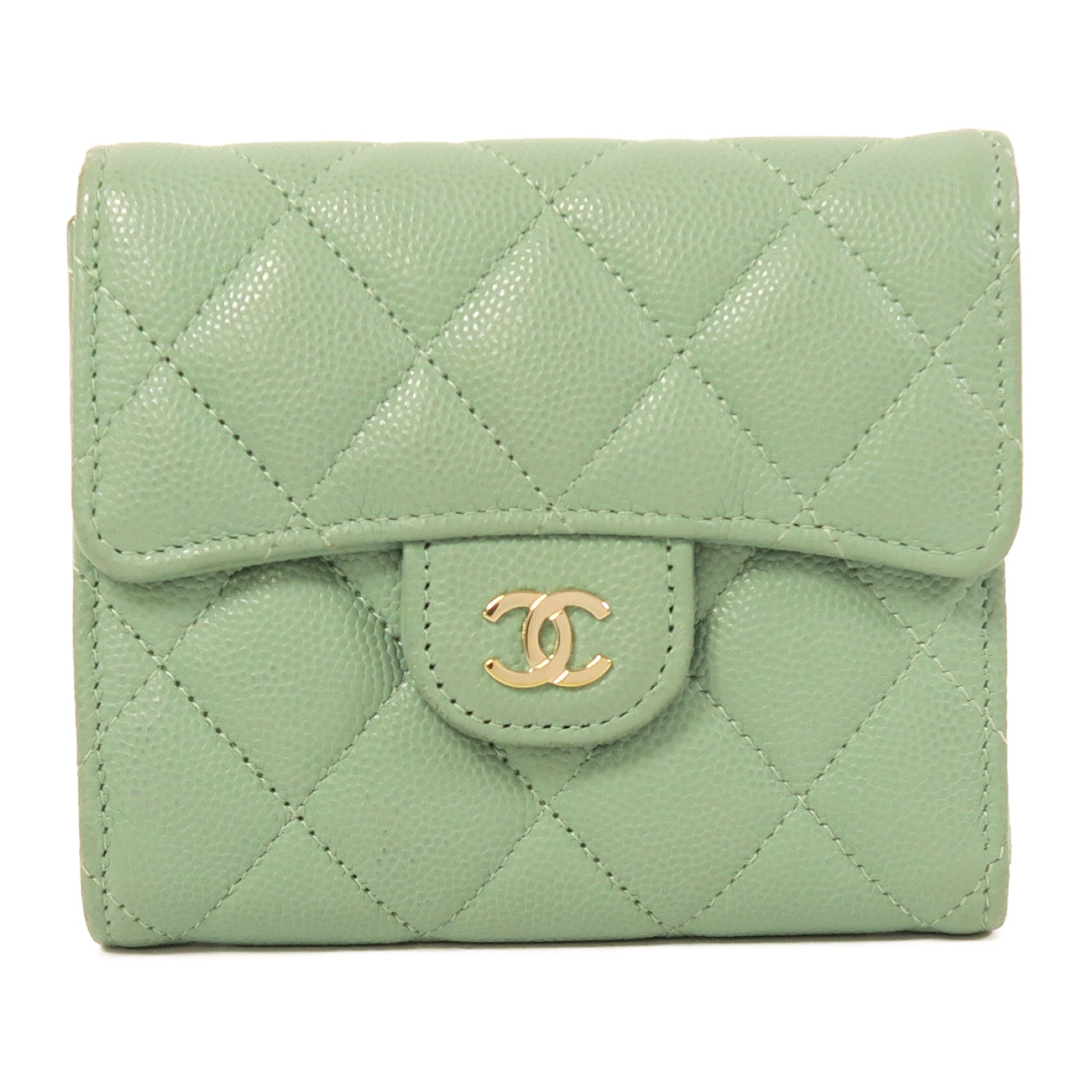 CHANEL **【激減優惠】Caviar皮革Wallet金扣錢包湖水綠色