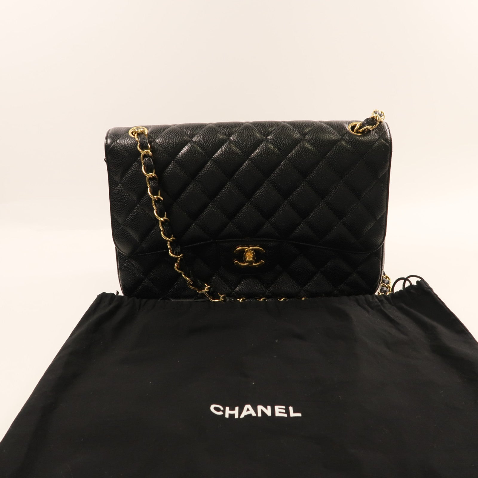 CHANEL 牛皮皮革Large Classic金扣鏈帶肩背袋黑色