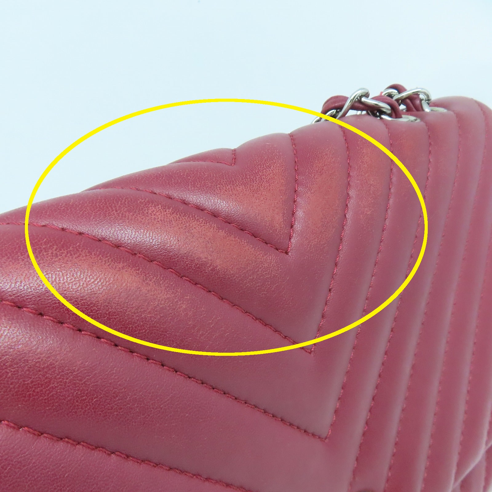 CHANEL 【激減優惠】斜紋牛皮皮革Chain Shoulder銀扣鏈帶肩背袋紅色