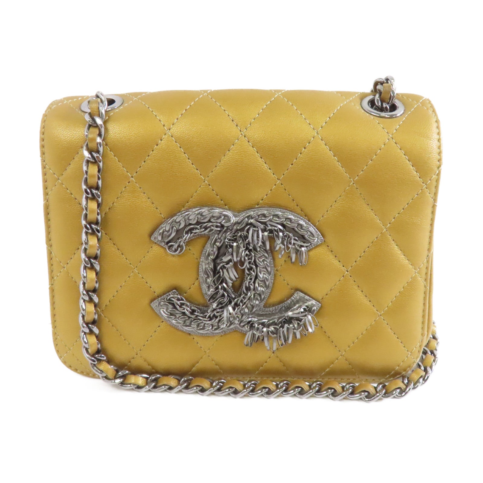 CHANEL 菱格羊皮皮革Chain Shoulder銀扣肩背袋金色