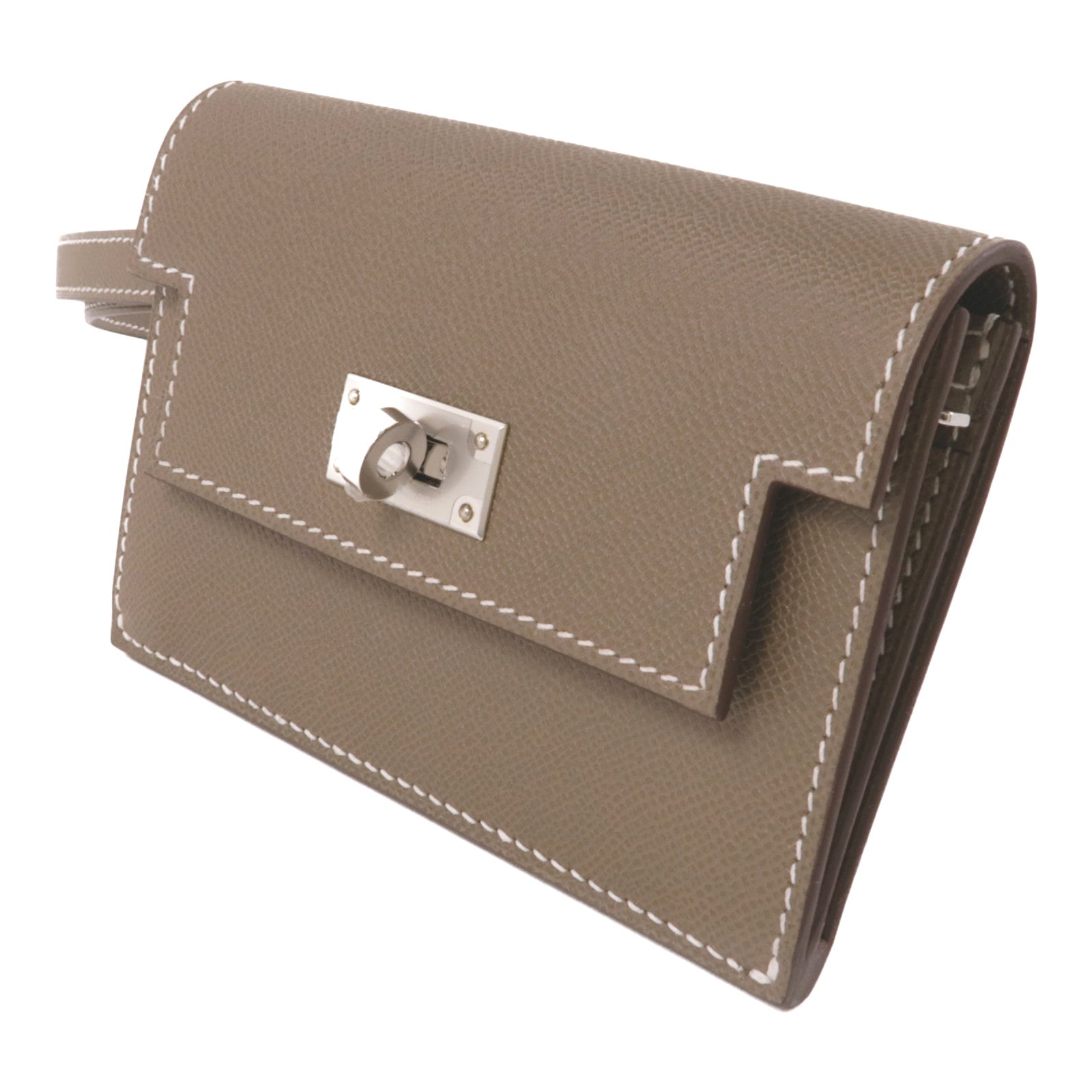 HERMES Madame皮革Kelly Pocket Slim銀扣零錢包Etoupe