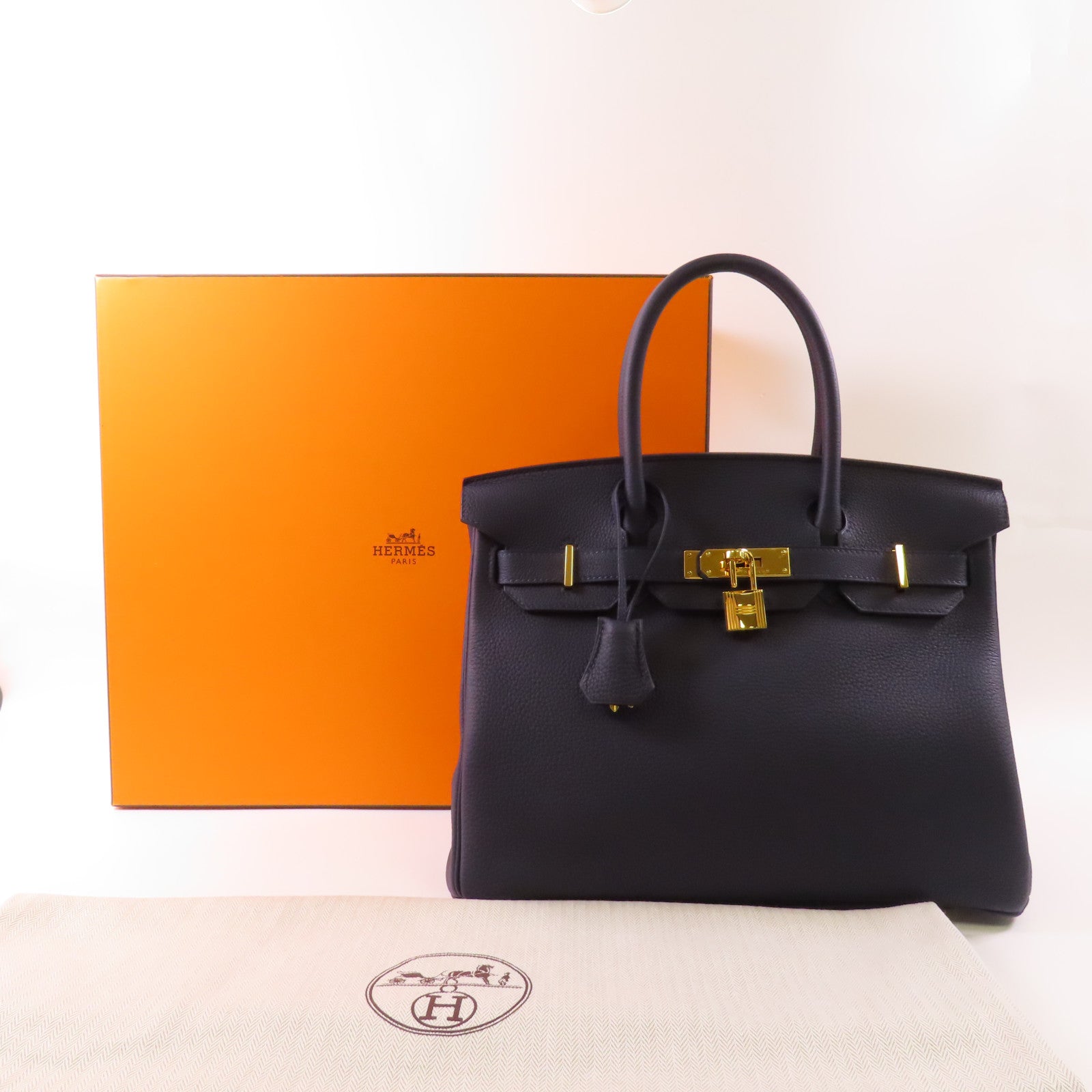 HERMES Clemence皮革Birkin 30金扣手挽袋Bleu Nuit