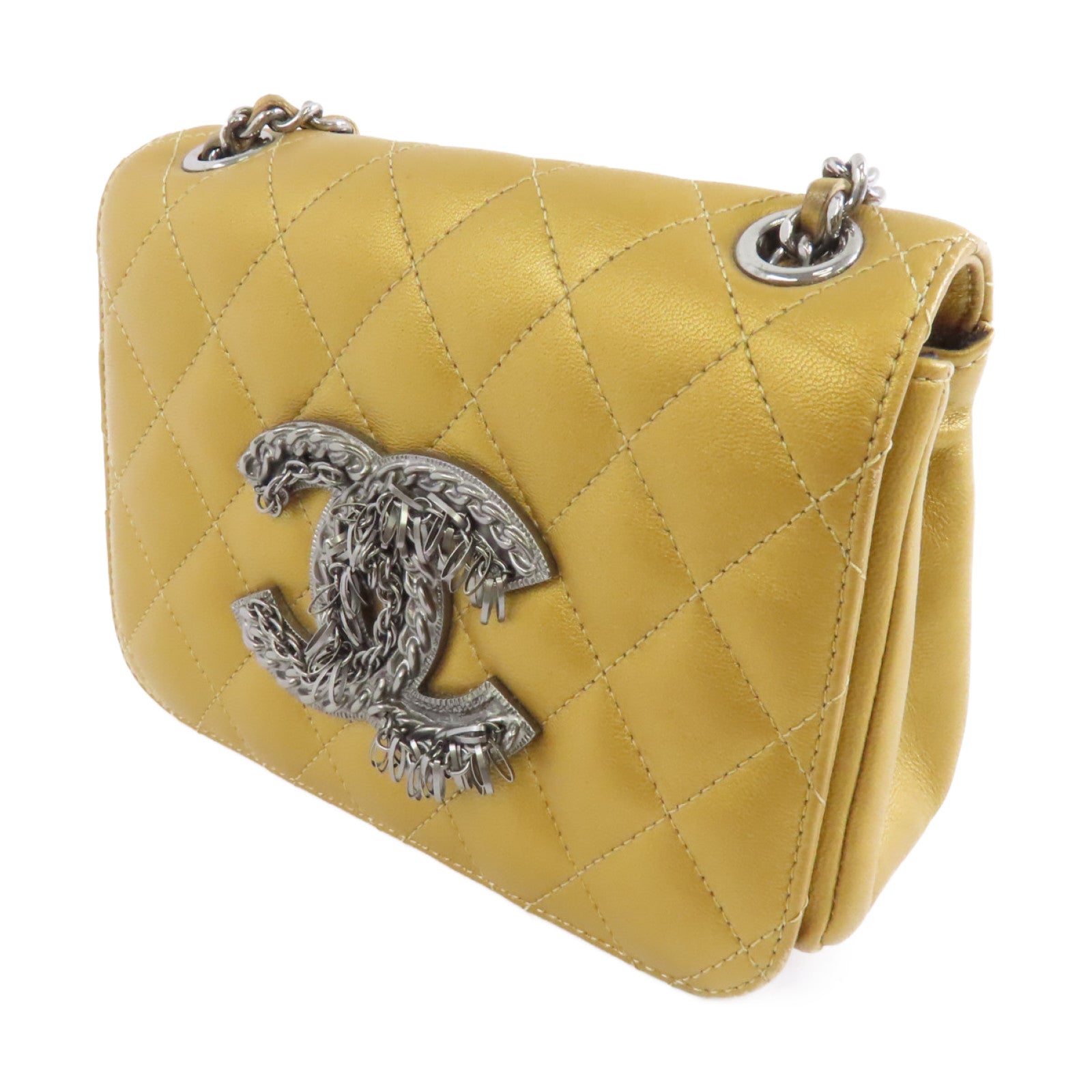 CHANEL 菱格羊皮皮革Chain Shoulder銀扣肩背袋金色