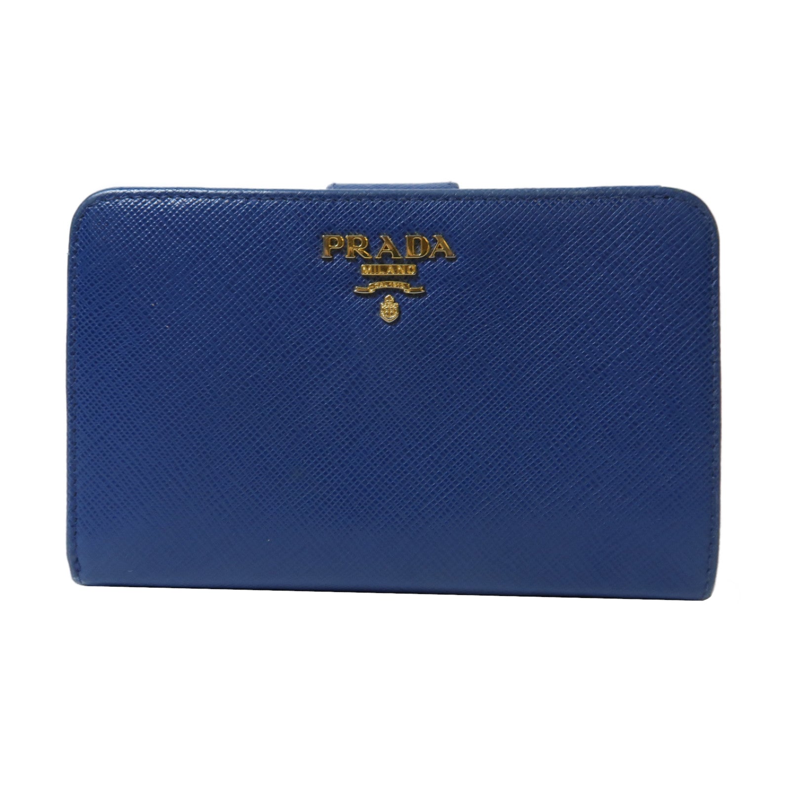 PRADA 【激減優惠】Saffiano皮革Fold Wallet金扣折疊錢包藍色