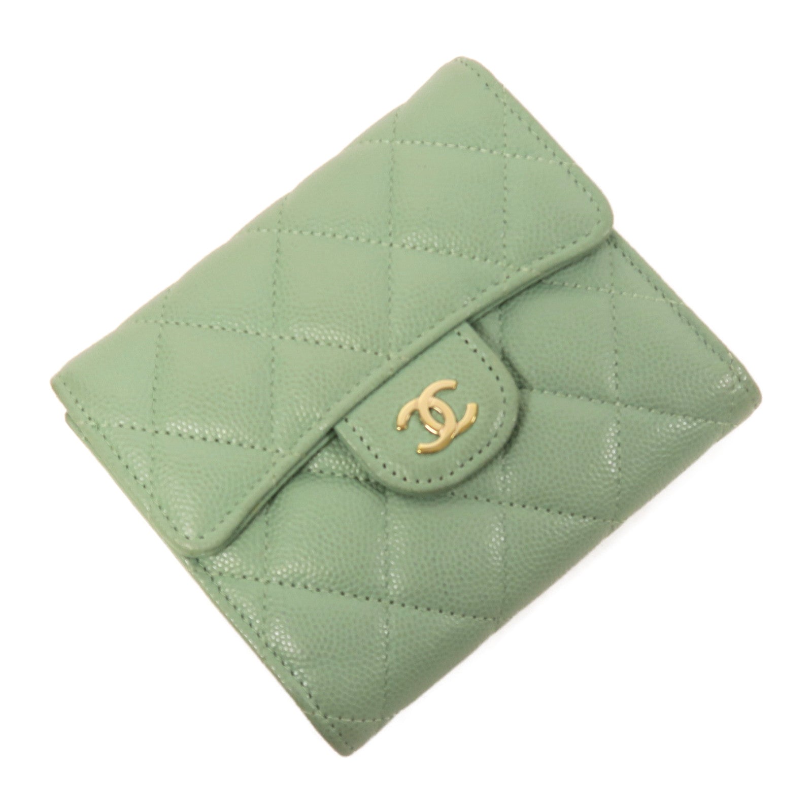 CHANEL **【激減優惠】Caviar皮革Wallet金扣錢包湖水綠色