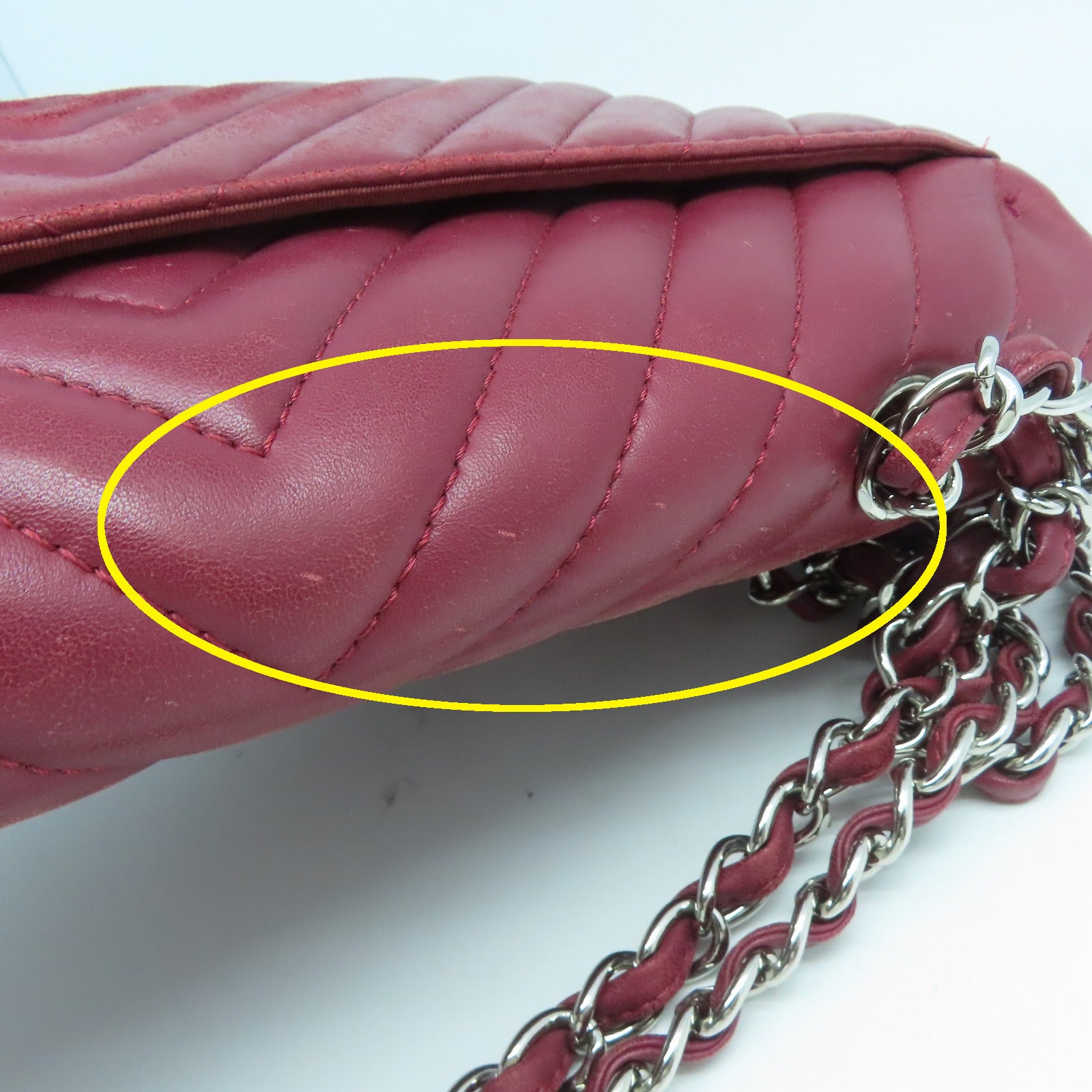 CHANEL 【激減優惠】斜紋牛皮皮革Chain Shoulder銀扣鏈帶肩背袋紅色