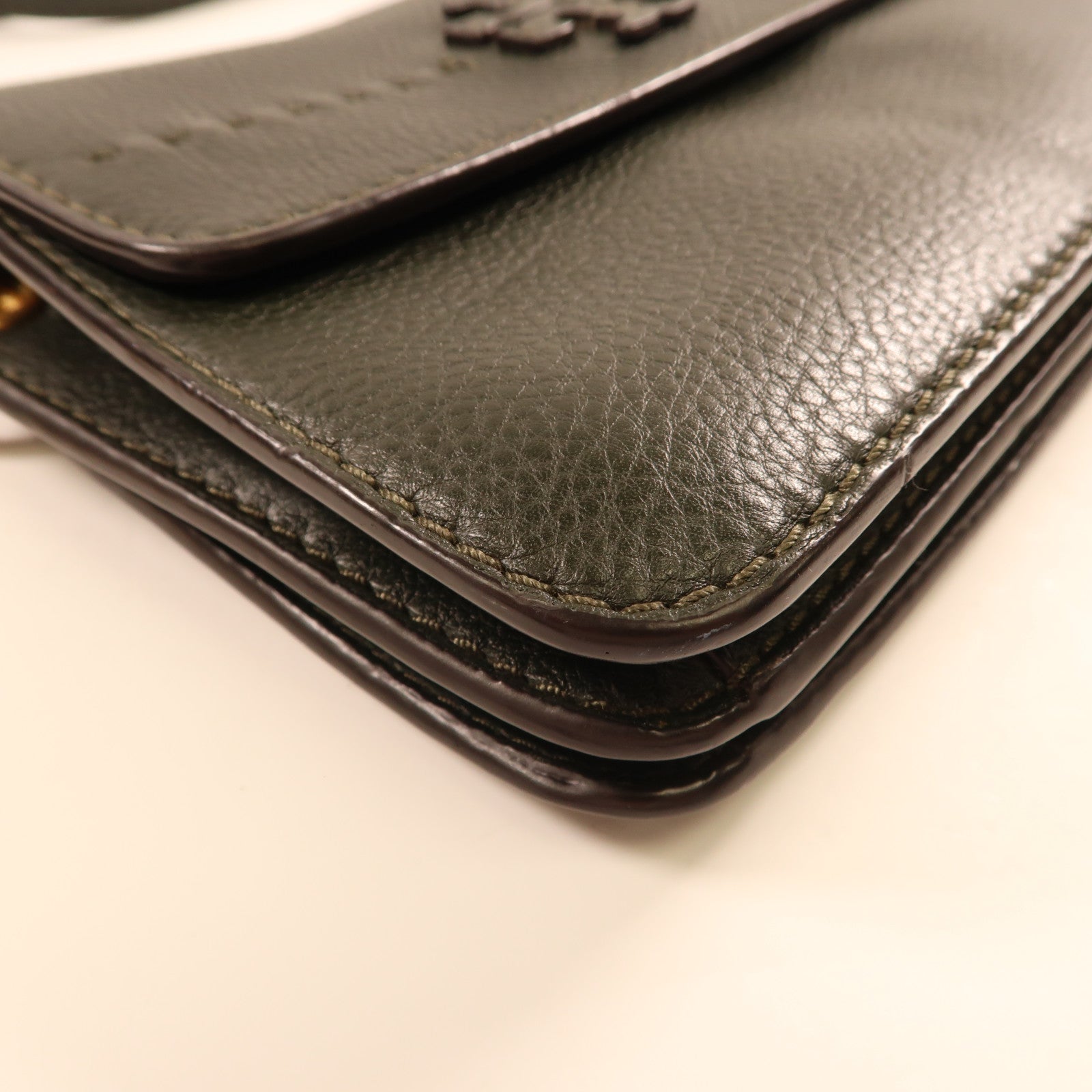 Tory Burch GHW Shoulder Bag Calfskin Leather Olive Green