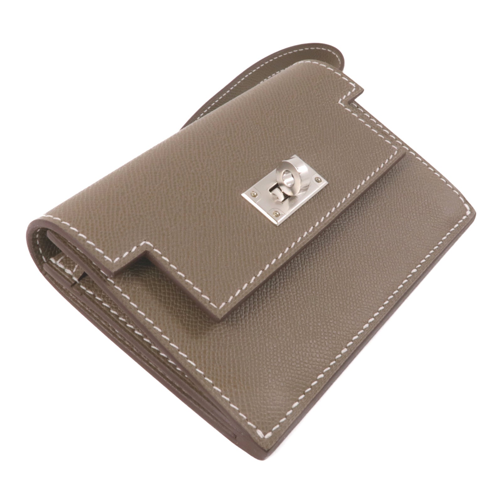 HERMES Madame皮革Kelly Pocket Slim銀扣零錢包Etoupe