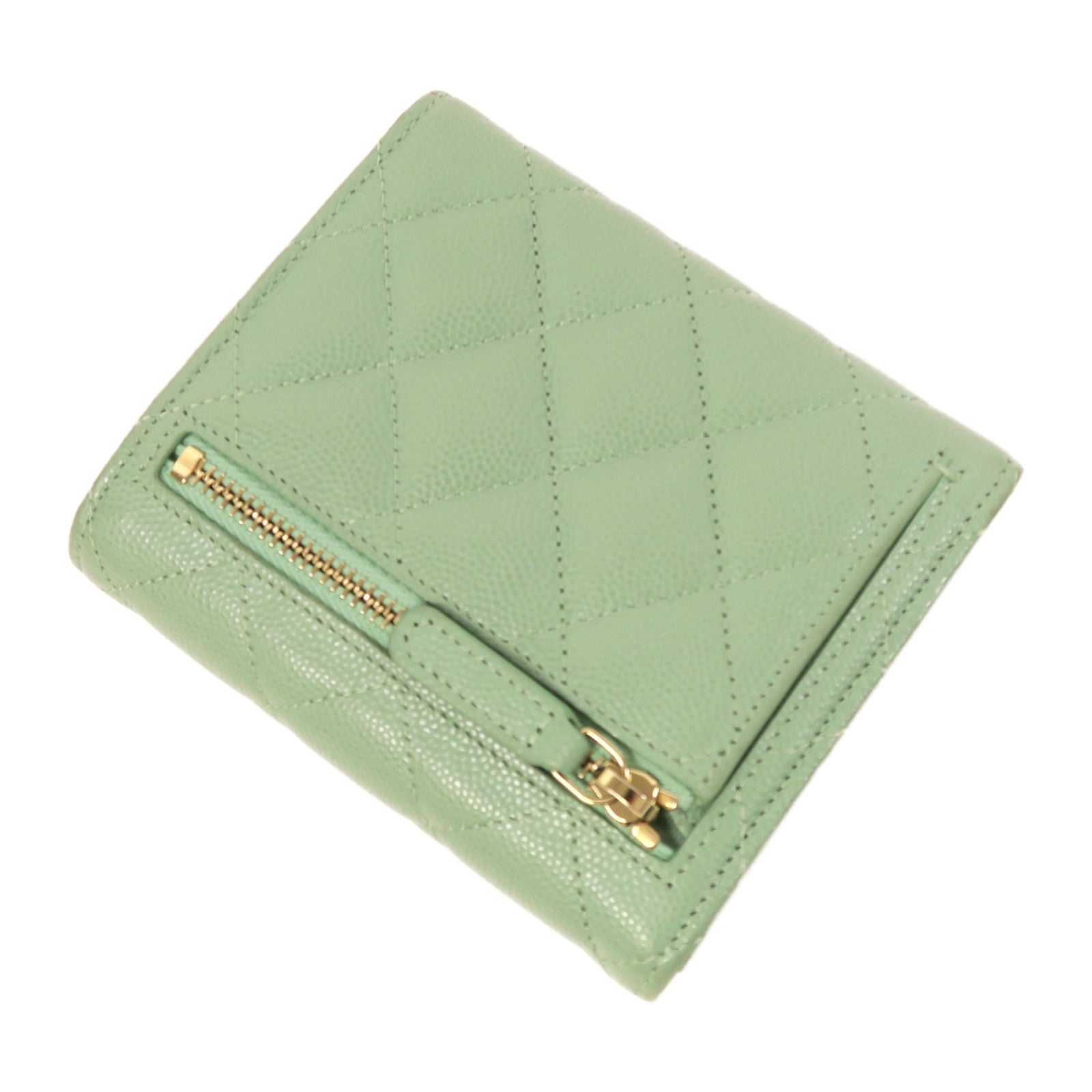 CHANEL **【激減優惠】Caviar皮革Wallet金扣錢包湖水綠色