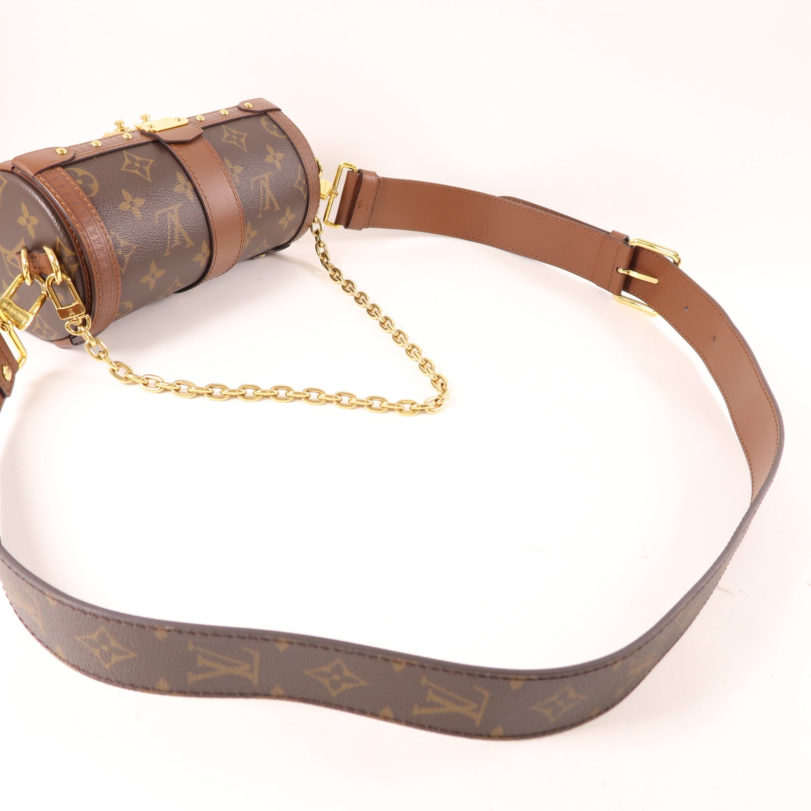 LOUIS VUITTON Monogram Papillon Trunk金扣鏈帶手挽肩背兩用袋棕色