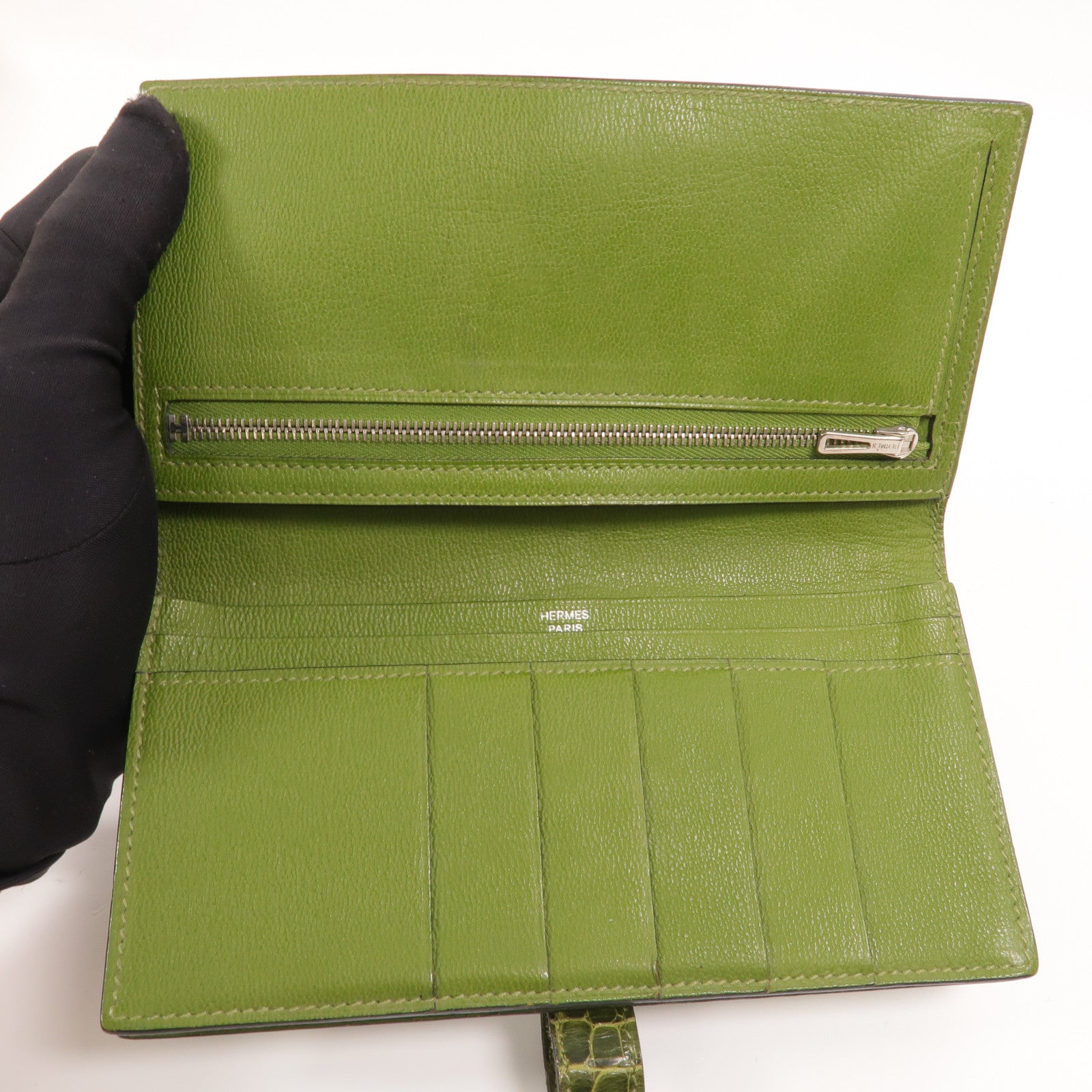 HERMES Alligator皮革Bearn Long Wallet長錢包Vert Anis