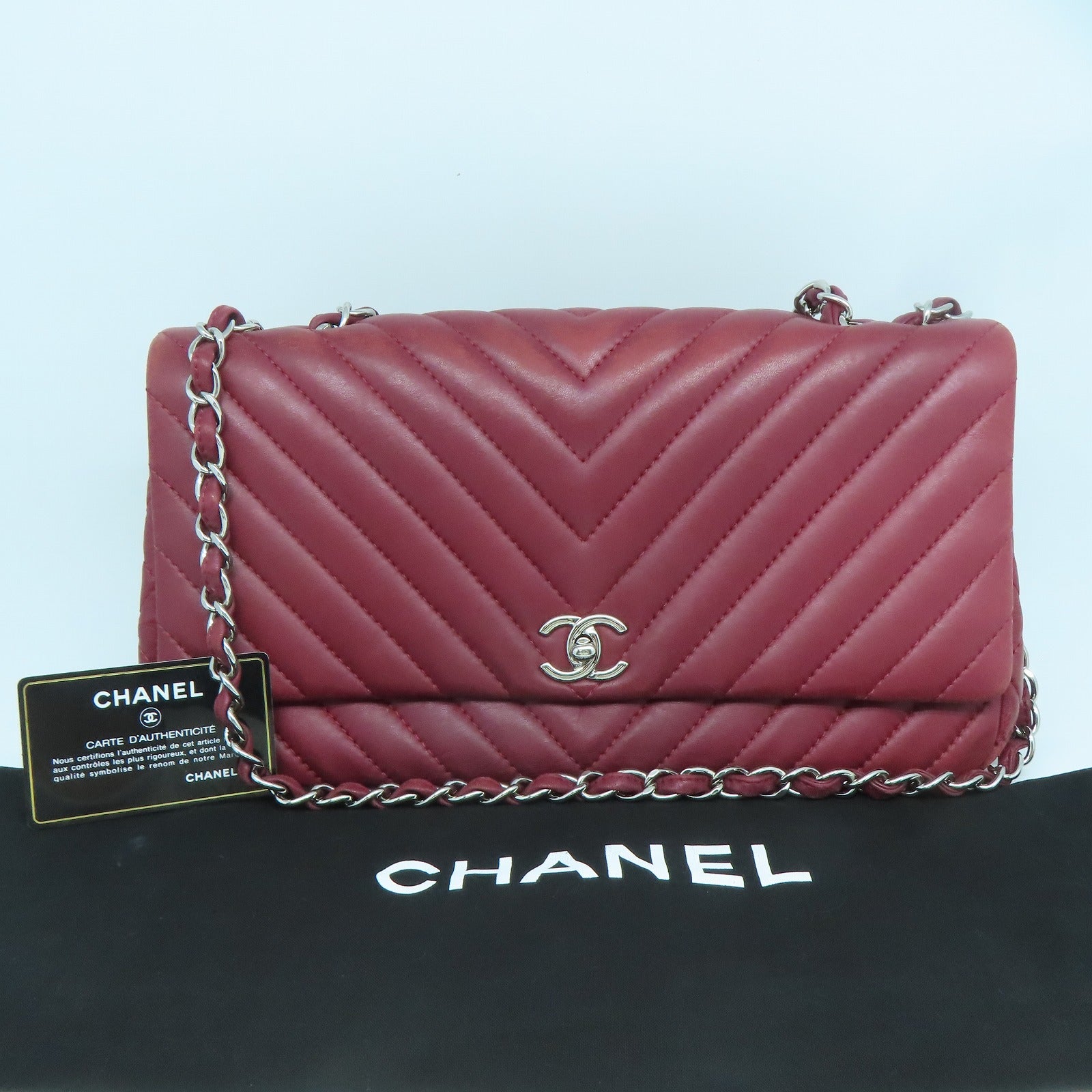 CHANEL 【激減優惠】斜紋牛皮皮革Chain Shoulder銀扣鏈帶肩背袋紅色