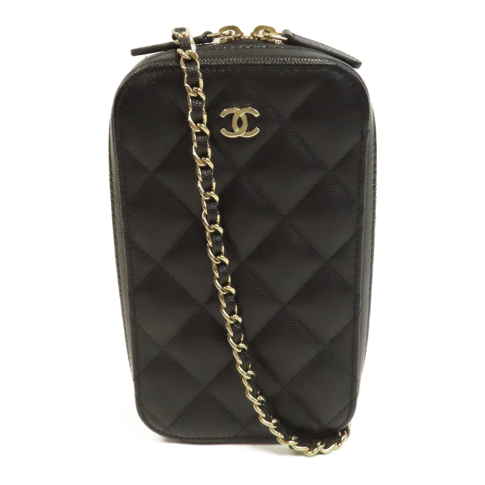 CHANEL 菱格Caviar皮革Phone Bag金扣鏈帶肩背袋黑色