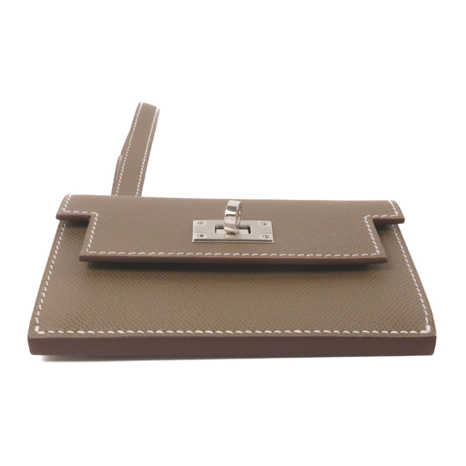 HERMES Madame皮革Kelly Pocket Slim銀扣零錢包Etoupe