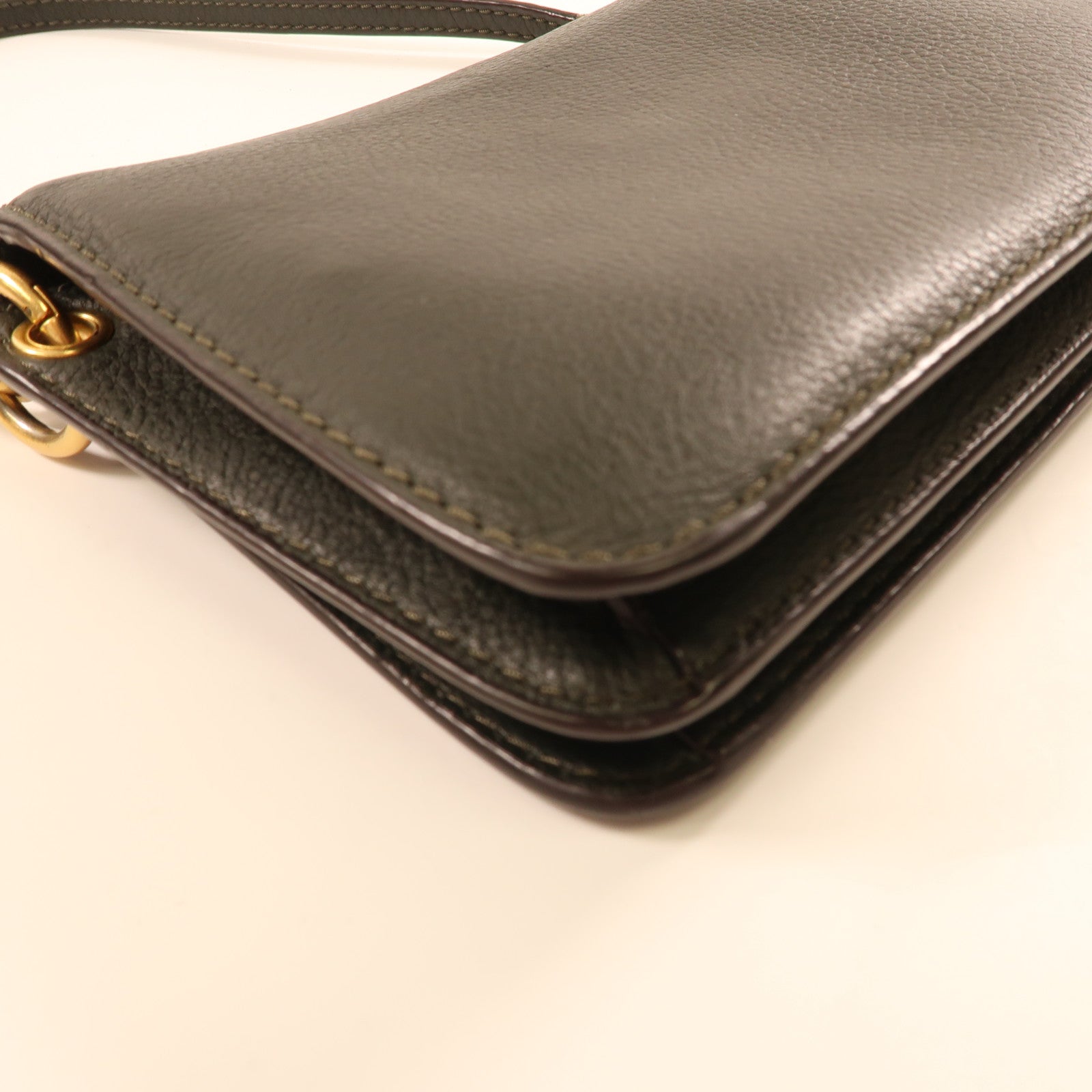 Tory Burch GHW Shoulder Bag Calfskin Leather Olive Green