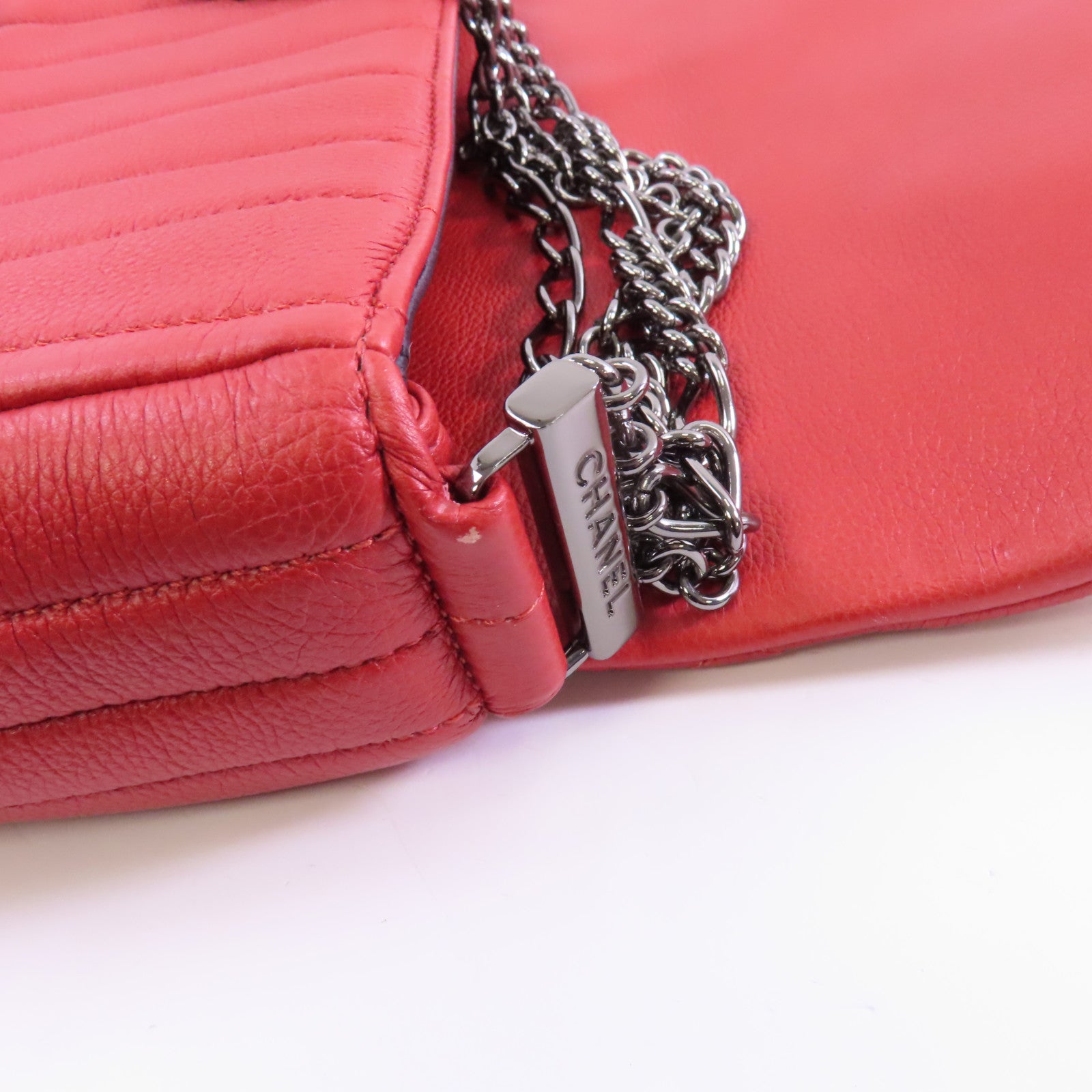 CHANEL 菱格牛皮皮革Chain Shoulder Bag銀扣鏈帶肩背袋紅色