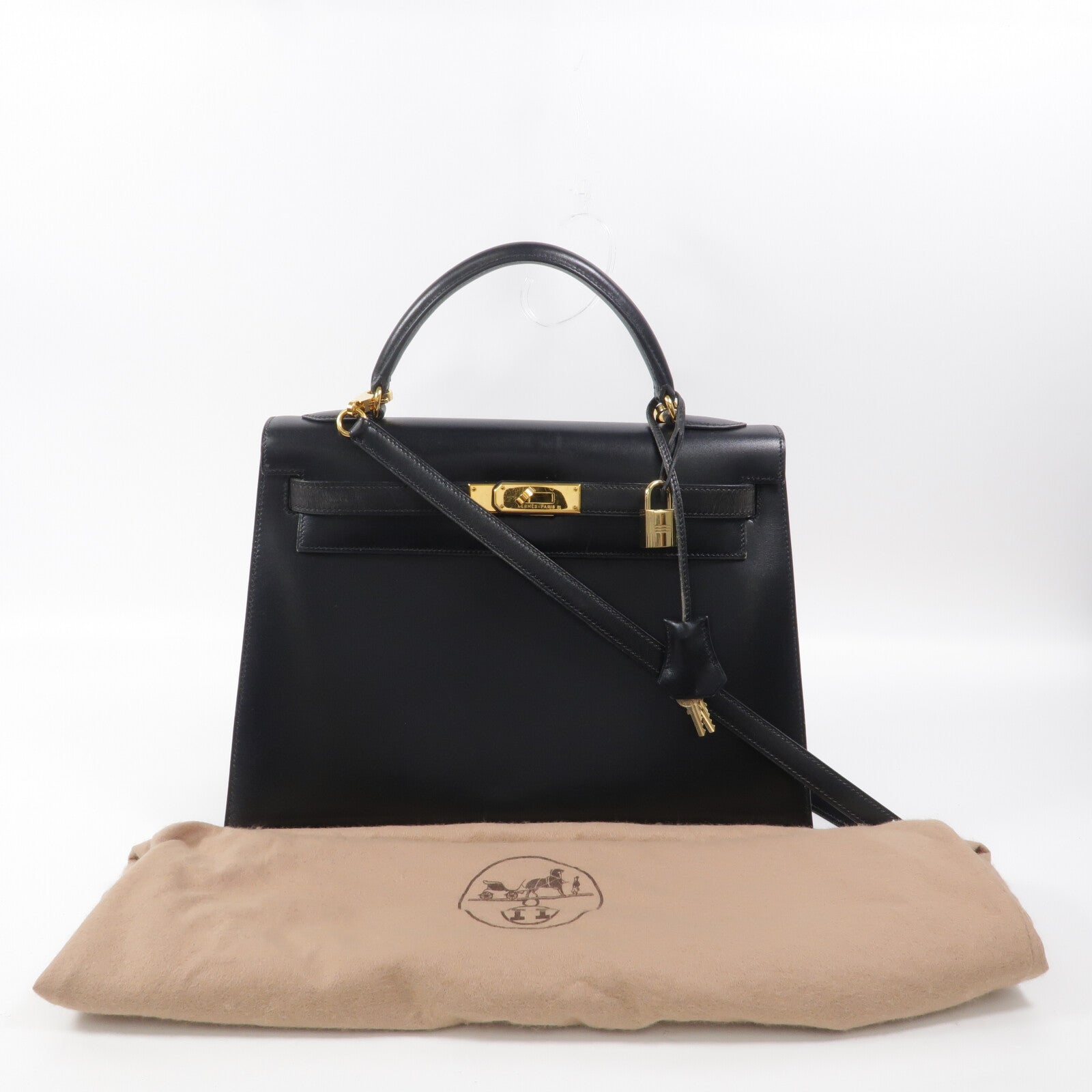 HERMES Box皮革Kelly 32手挽肩背兩用袋Noir