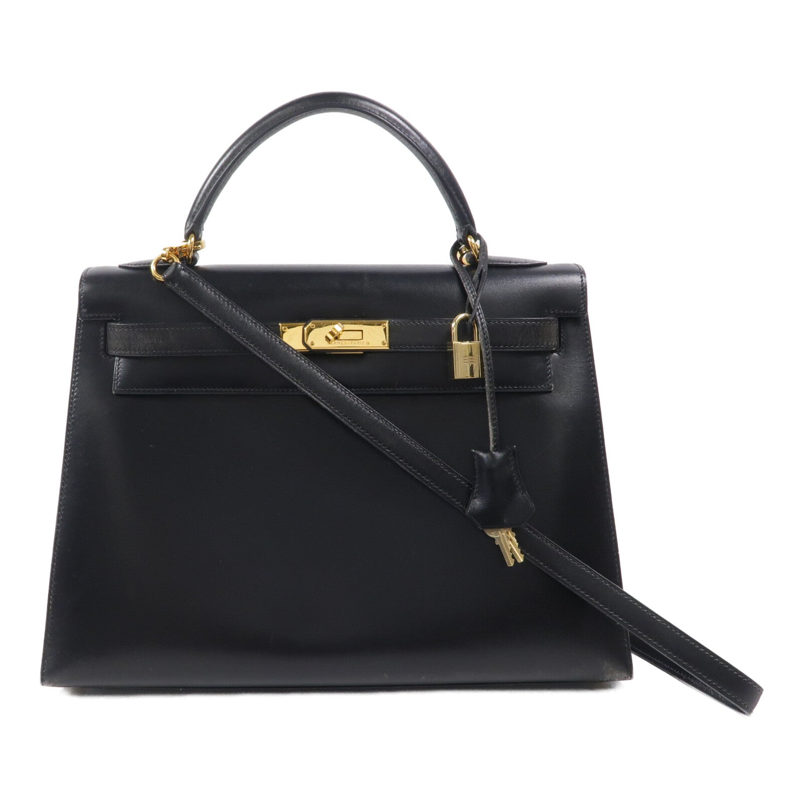 HERMES Box皮革Kelly 32手挽肩背兩用袋Noir