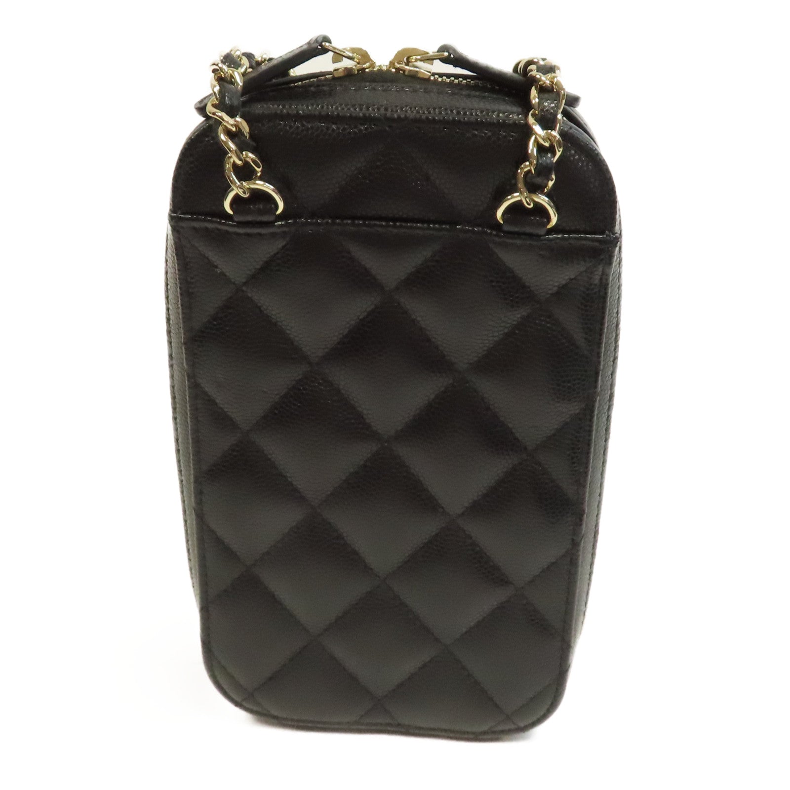 CHANEL 菱格Caviar皮革Phone Bag金扣鏈帶肩背袋黑色