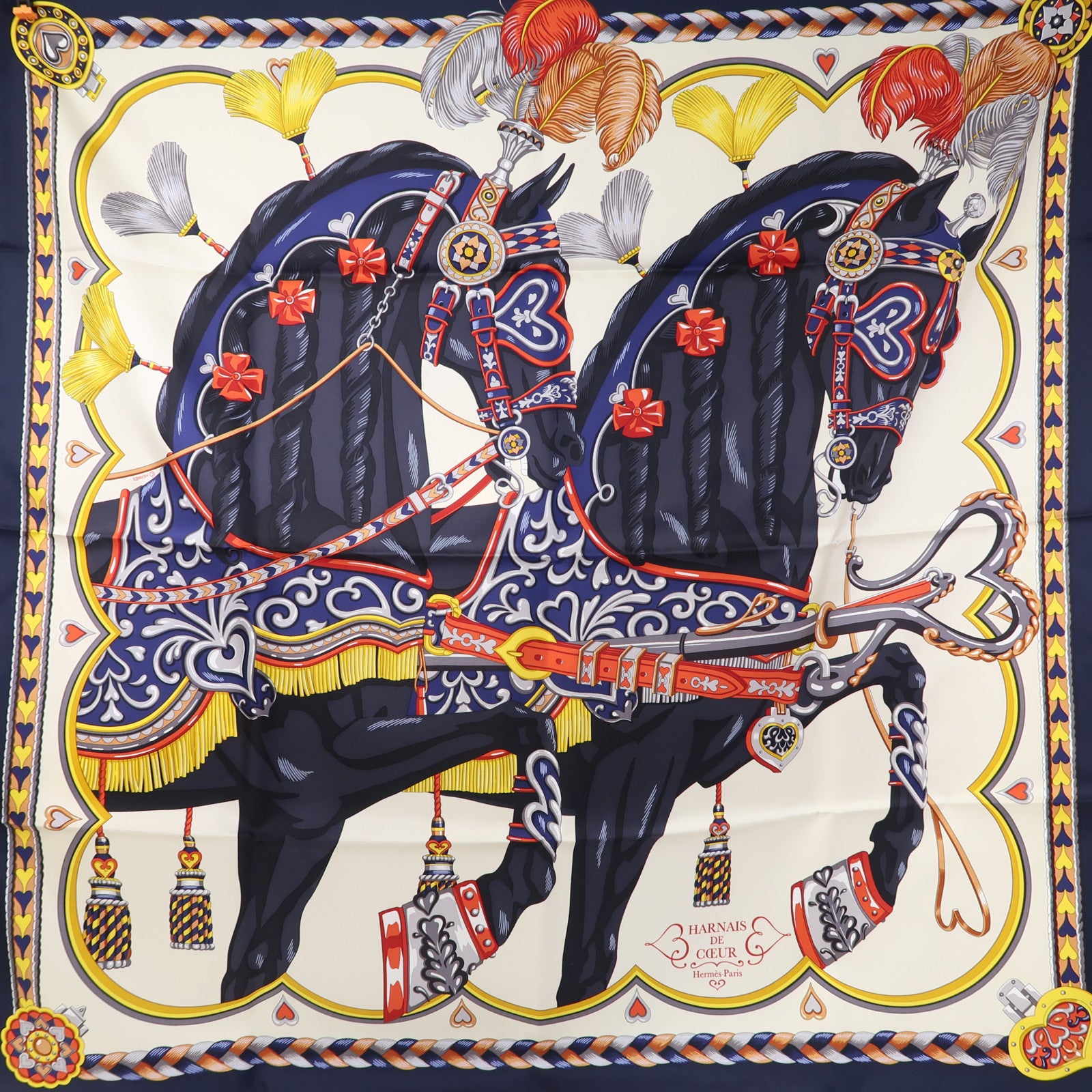 HERMES 絲質Scarf 90X90cm絲巾深藍色/米色