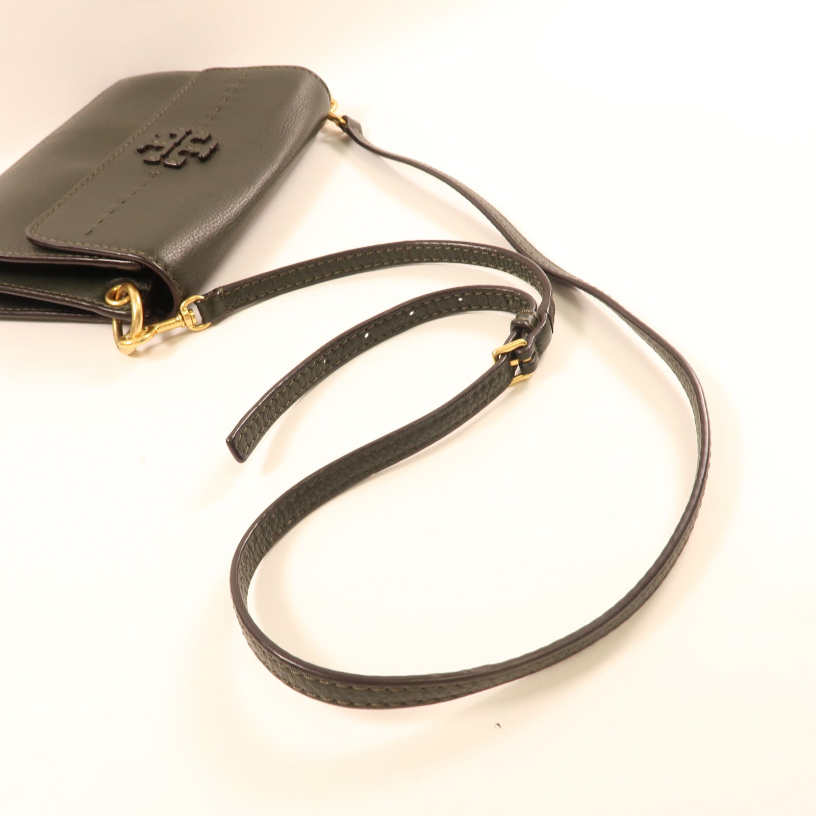 Tory Burch GHW Shoulder Bag Calfskin Leather Olive Green